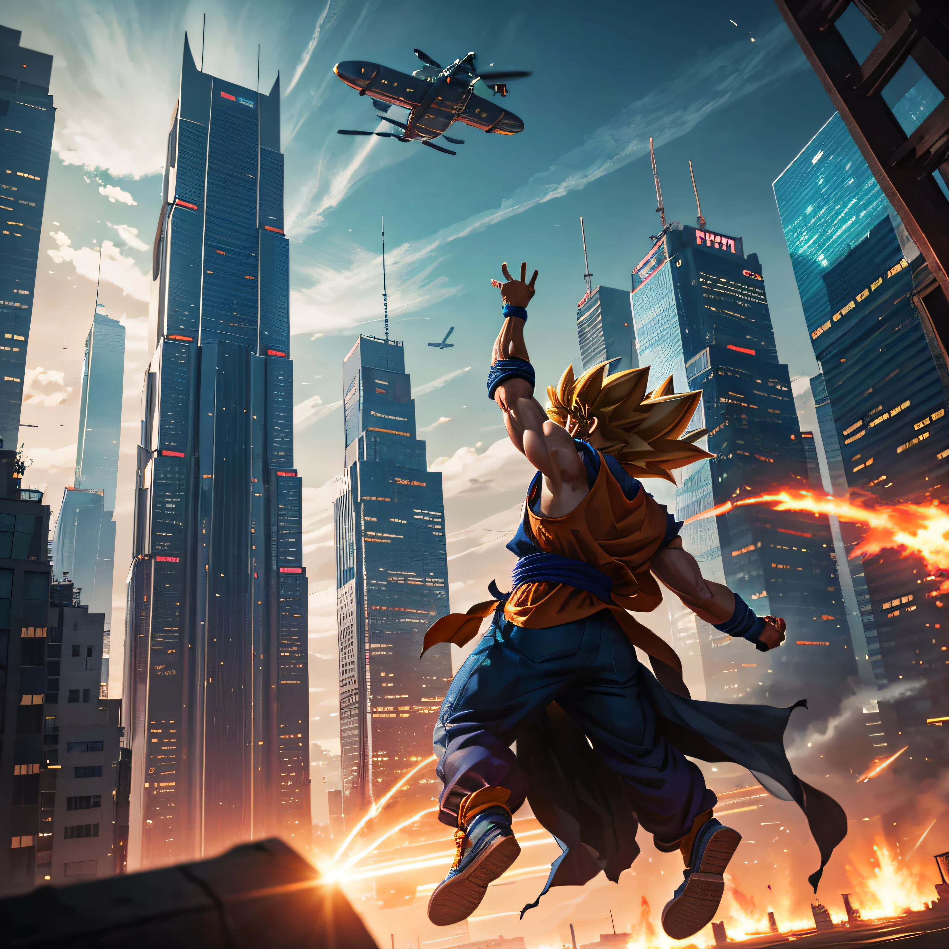 "Imagine a futuristic scene where Goku is flying through the skies, surrounded by futuristic skyscrapers and flying vehicles, with a brilliant technological backdrop in the background." --auto