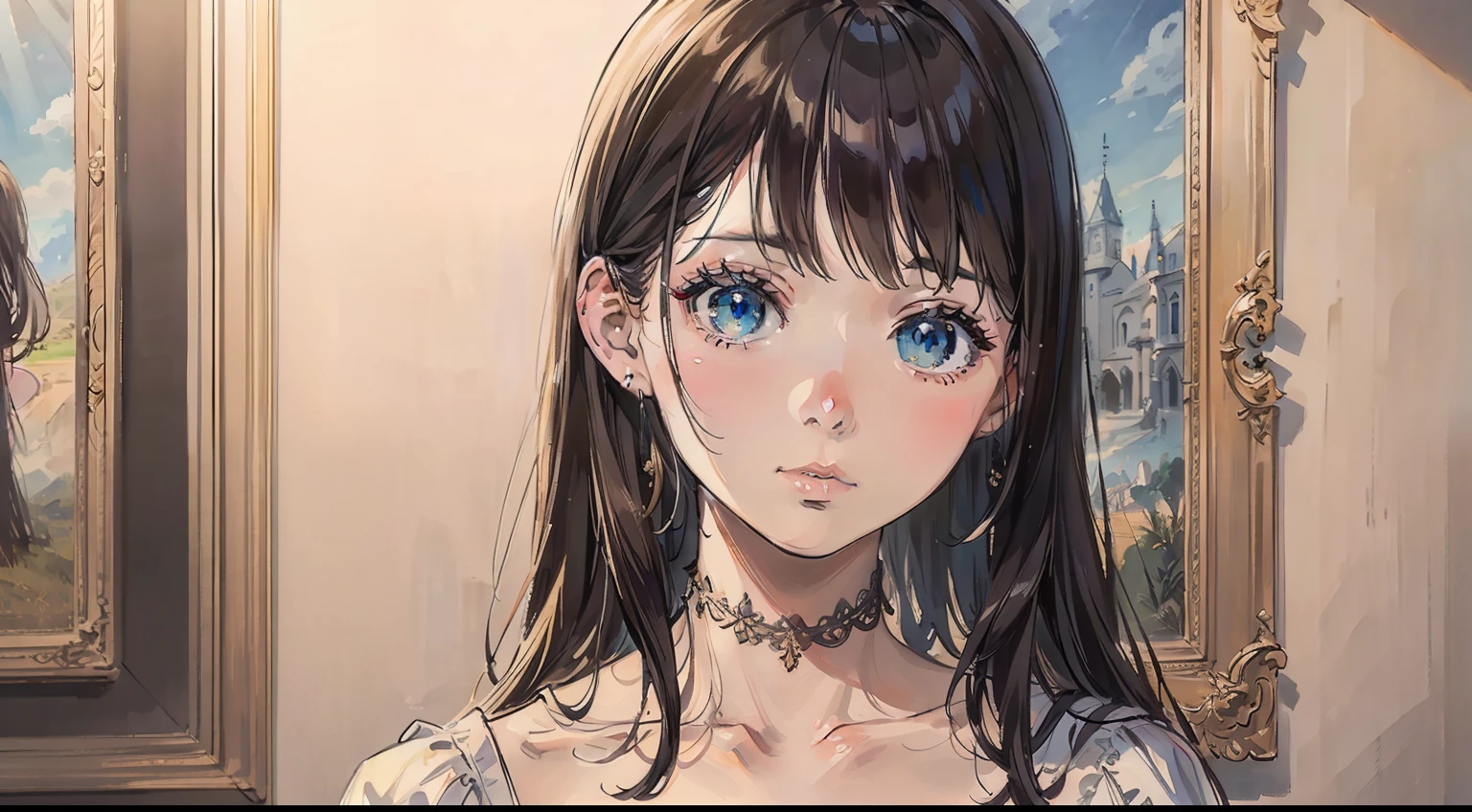 masterpiece, top quality, very delicate and beautiful, ultra-definition, highest quality, high-resolution, very elaborate, highest quality, illustration, impasto, realism, realistic, picture frame, picture of a girl, inside a museum, few people