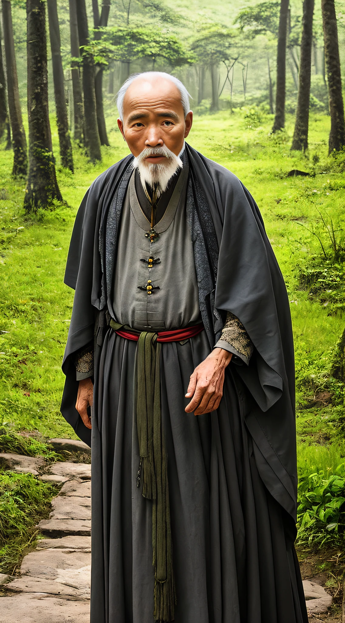 Portrait photography style, world masterpiece, super unique high professional digital art, film format, hyper-realism, color cinematography with ultra-fine details and quality, background is deep in the forest, an old man in rural China, an old man with wisdom. He wears an old cloak and his eyes are kind and shrewd. His skin has been blackened and powerful by the sun and rain, and the wrinkles are fixed on the corners of his mouth and forehead, making it seem that his years have precipitated. Although wearing a dark gown, although simple in appearance, it exudes sublime wisdom and a sense of tenacity of strength.