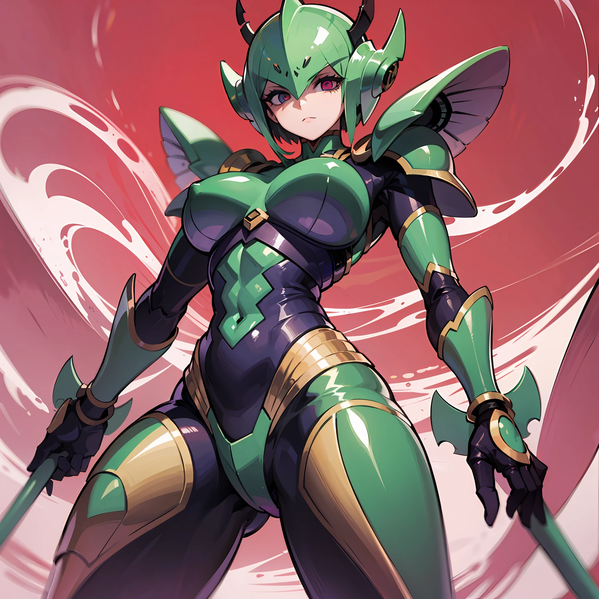 Hot insect humanoid female, Guyver style, SFW version, eyeballless eyes, scaraber reploid, bellows tail, cel shade adult animation, alien queen, serpentine pose,