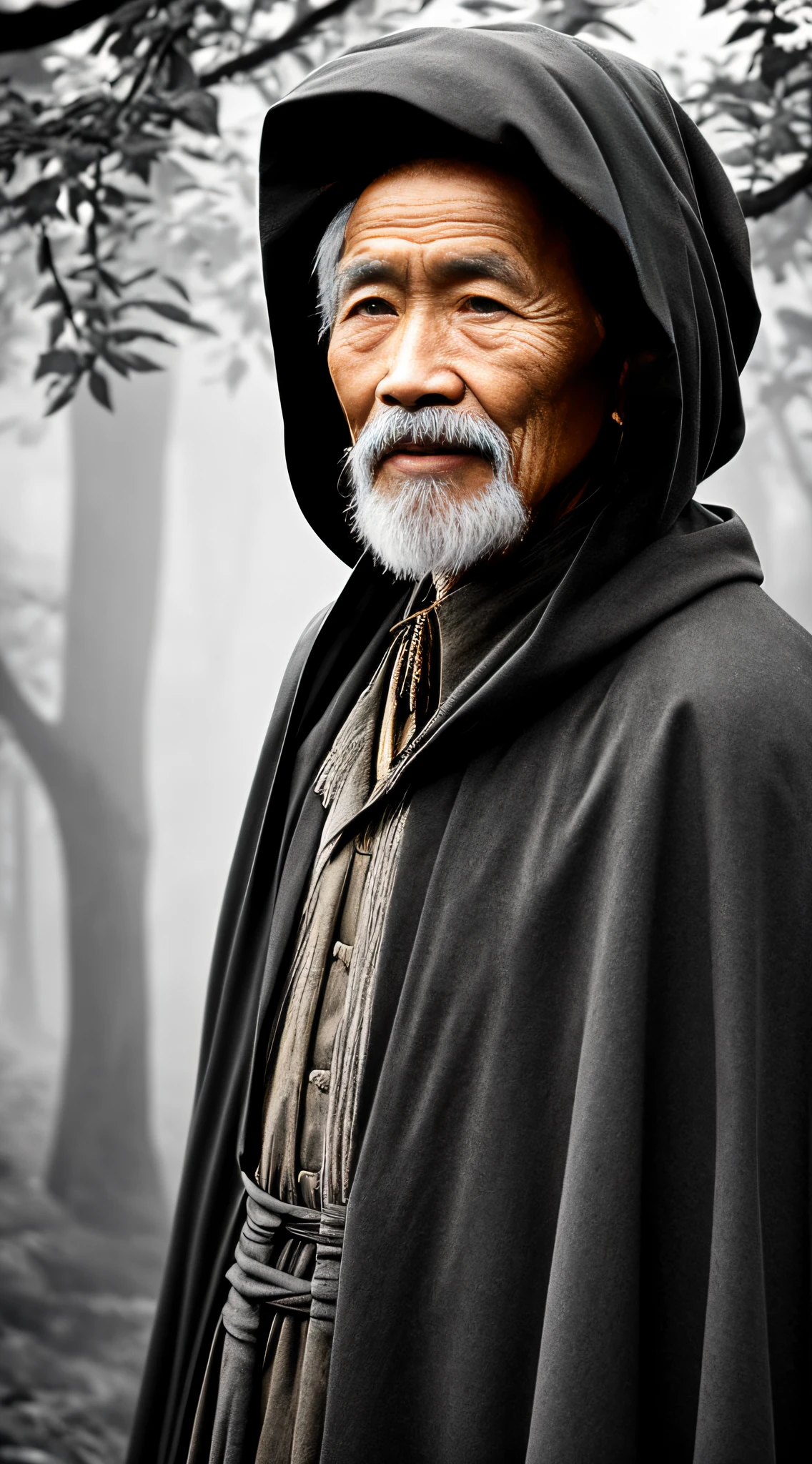 Portrait photography style, world masterpiece, super unique high professional digital art, film format, hyper-realism, color cinematography with ultra-fine details and quality, background is deep in the forest, an old man in rural China, an old man with wisdom. He wears an old cloak and his eyes are kind and shrewd. His skin has been blackened and powerful by the sun and rain, and the wrinkles are fixed on the corners of his mouth and forehead, making it seem that his years have precipitated. Although wearing a dark gown, although simple in appearance, it exudes sublime wisdom and a sense of tenacity of strength.