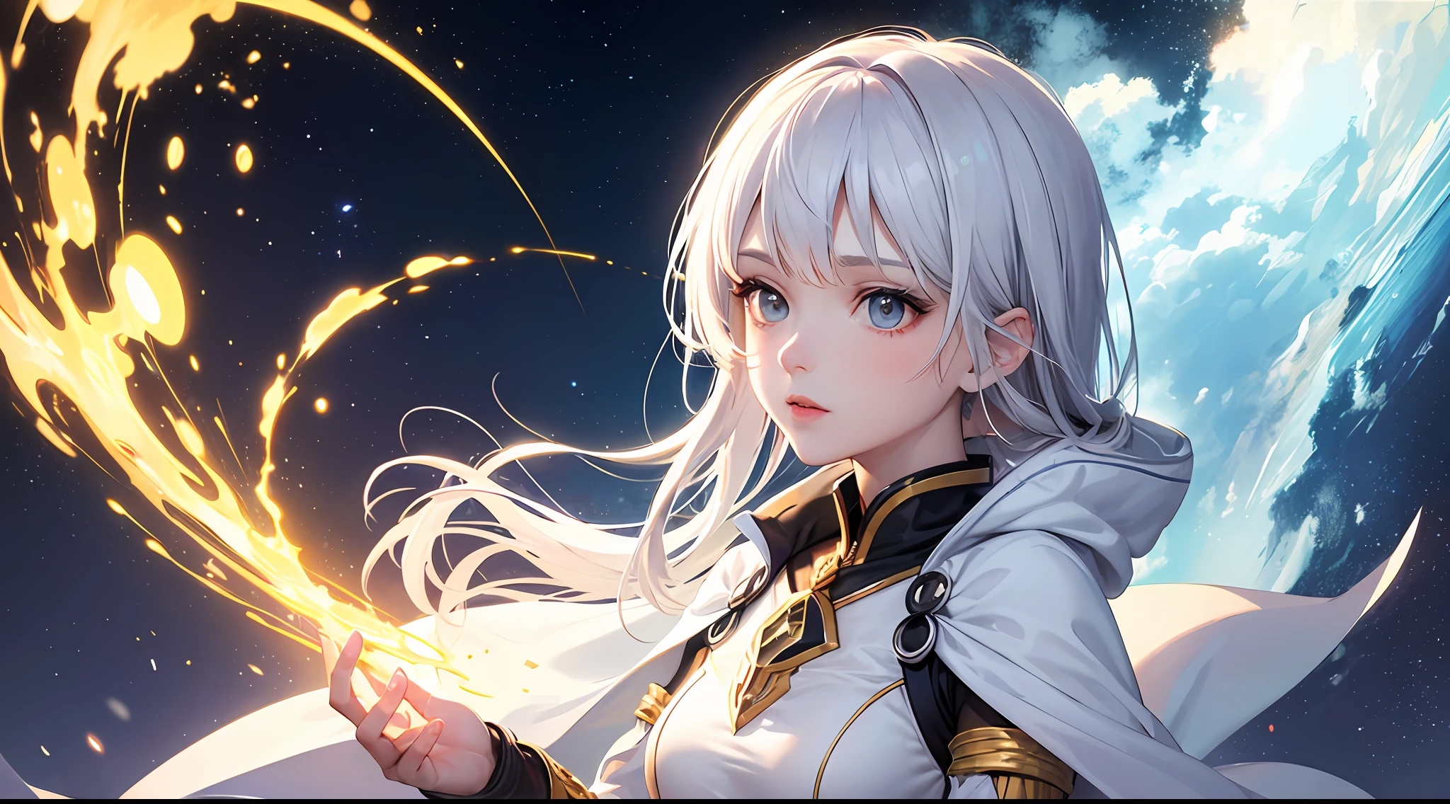 (Masterpiece, Top Quality, Best Quality, Official Art, Beauty and Aesthetics: 1.2), (1 Girl), Extreme Detail, (Fractal Art: 1.3), Colorful, Supreme Detail, Perfect Face, Upper Body, HDR, (Prayer: 1.3), (White Cloak Golden Lines: 1.2), Galaxy, (Light Stripes), Striking Visuals, (Dynamic Stripes, Glow Trajectory: 1.2), Bright Colors, Hands Folded