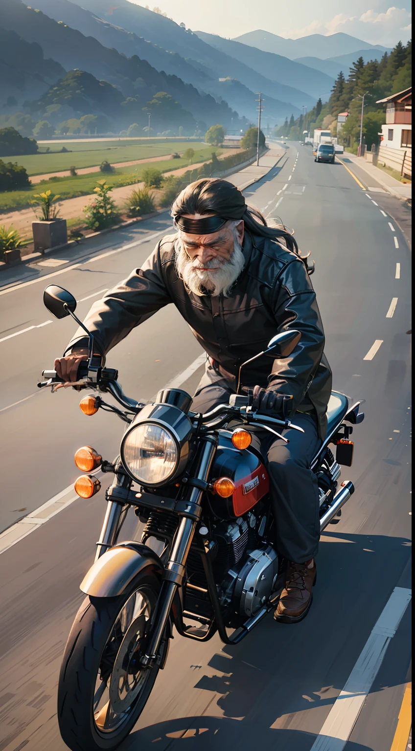 Masterpiece,best quality,(Highest picture quality),I hope you generate an old man from the Romance of the Three Kingdoms, the man has white long hair, black long beard,right hand take a pair of chopsticks and the other hand catch the motorcycle handle, laughter,driving on the road, the picture has speed line,the picture left apart is a farm,