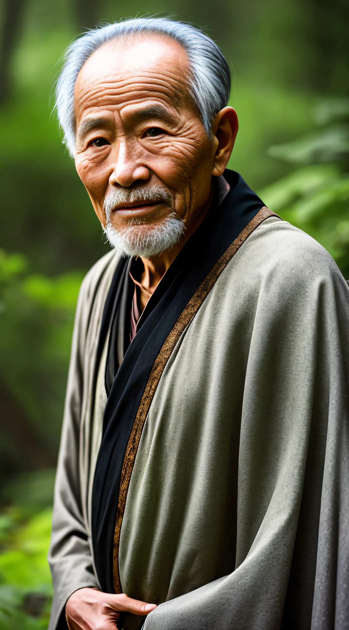 Portrait photography style, world masterpiece, super unique high professional digital art, film format, hyper-realism, color cinematography with ultra-fine details and quality, background is deep in the forest, an old man in rural China, an old man with wisdom. He wears an old cloak and his eyes are kind and shrewd. His skin has been blackened and powerful by the sun and rain, and the wrinkles are fixed on the corners of his mouth and forehead, making it seem that his years have precipitated. Although wearing a dark gown, although simple in appearance, it exudes sublime wisdom and a sense of tenacity of strength.