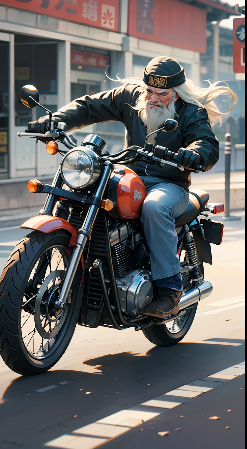 Masterpiece,best quality,(Highest picture quality),I hope you generate an old man from the Romance of the Three Kingdoms, the man has white long hair, black long beard,right hand take a pair of chopsticks and the other hand catch the motorcycle handle, laughter,driving on the road, the picture has speed line,the picture left apart is a farm,
