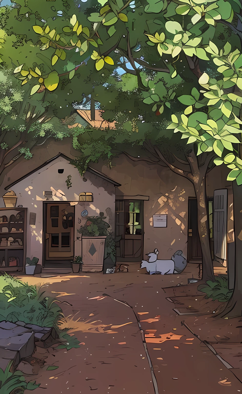 Under the trees, shady farmyard, full view, shot in the middle of the front.
