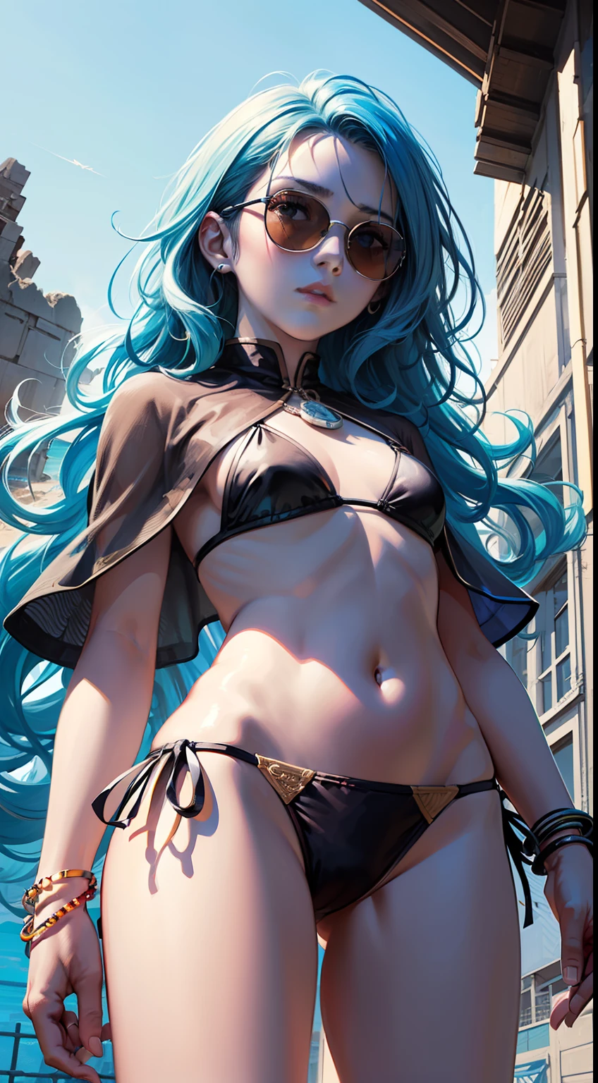 (masterpiece),(best quality),(ultra-detailed),illustration,disheveled hair,Dynamic angle,solo,1girl,game character portrait,(colorful),ink blue hair,(wavy hair),long hair,bikini,(Catwalk:1.2),(sunglasses),bracelet,(see-through capelet:1.3),(chiaroscuro lighting:1.2),(flat color:1.1),(ruins:1.2),(expressionless) ,(beach:1.2),(from below:1.2)
