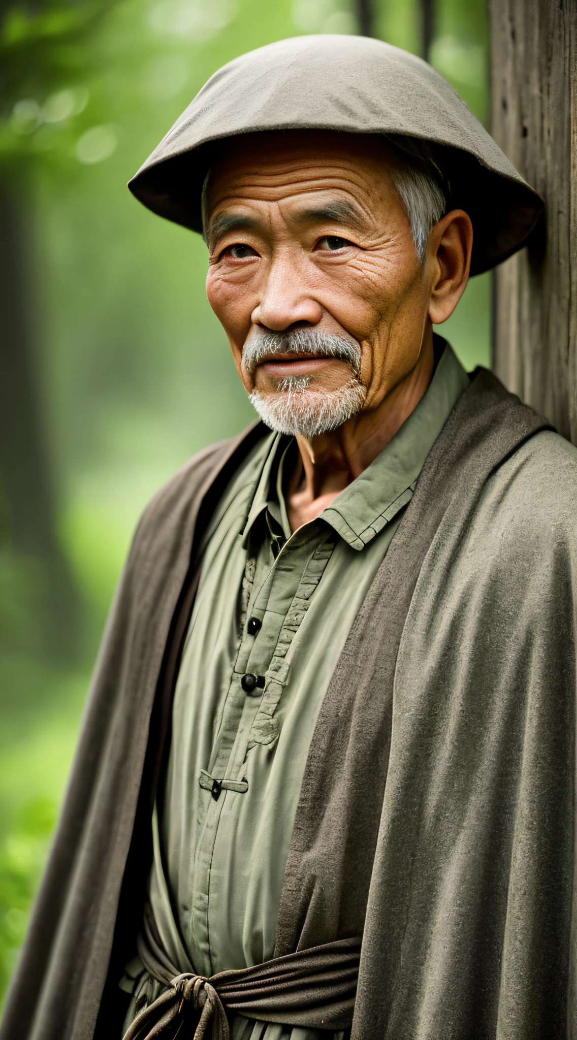 Portrait photography style, world masterpiece, super unique high professional digital art, film format, hyper-realism, color cinematography with ultra-fine details and quality, background is deep in the forest, an old man in rural China, an old man with wisdom. He wears an old cloak and his eyes are kind and shrewd. His skin has been blackened and powerful by the sun and rain, and the wrinkles are fixed on the corners of his mouth and forehead, making it seem that his years have precipitated. Although wearing a dark gown, although simple in appearance, it exudes sublime wisdom and a sense of tenacity of strength.