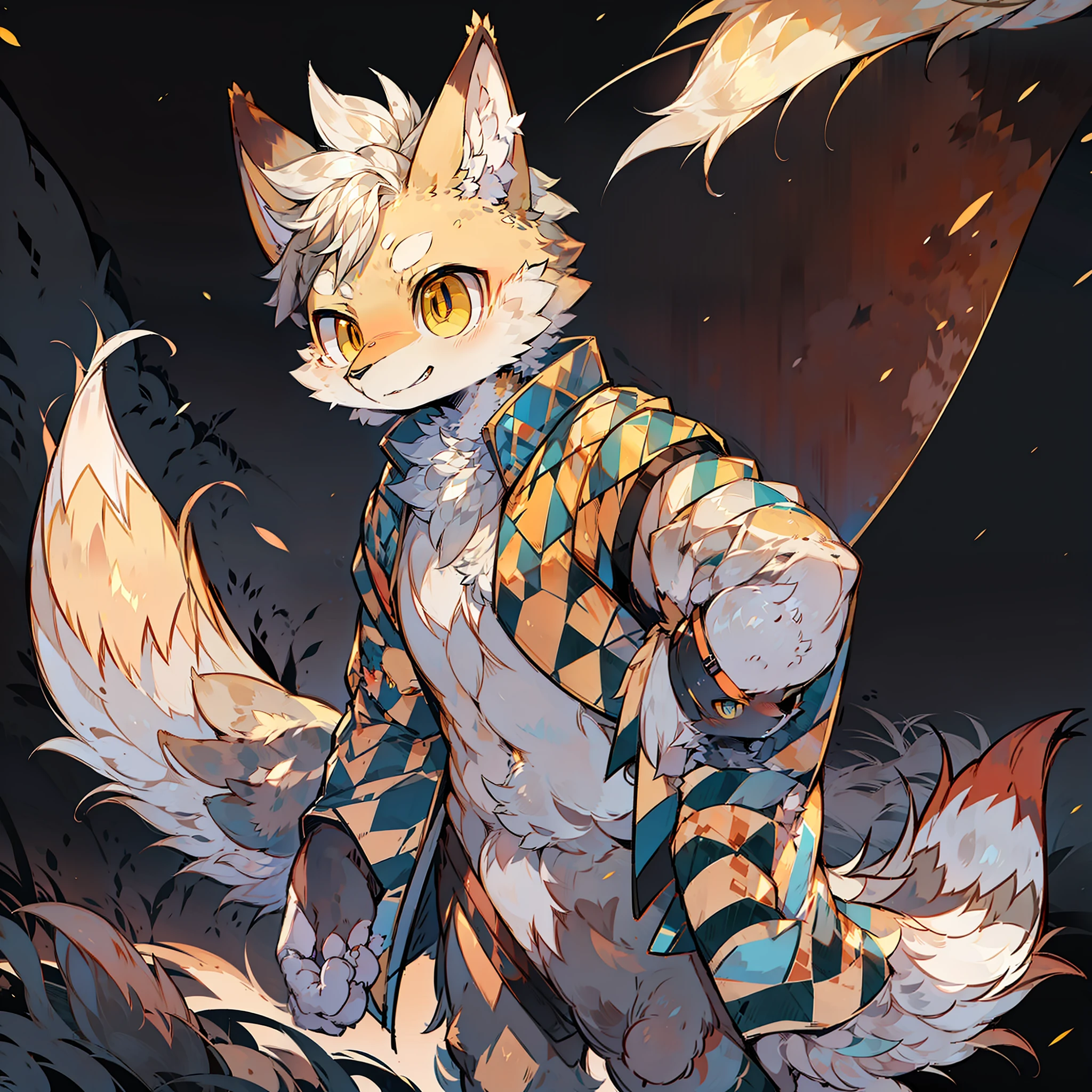 Furry male light gray golden pattern fox bright pupils yellow pupils big tail standing wearing gray uniform space