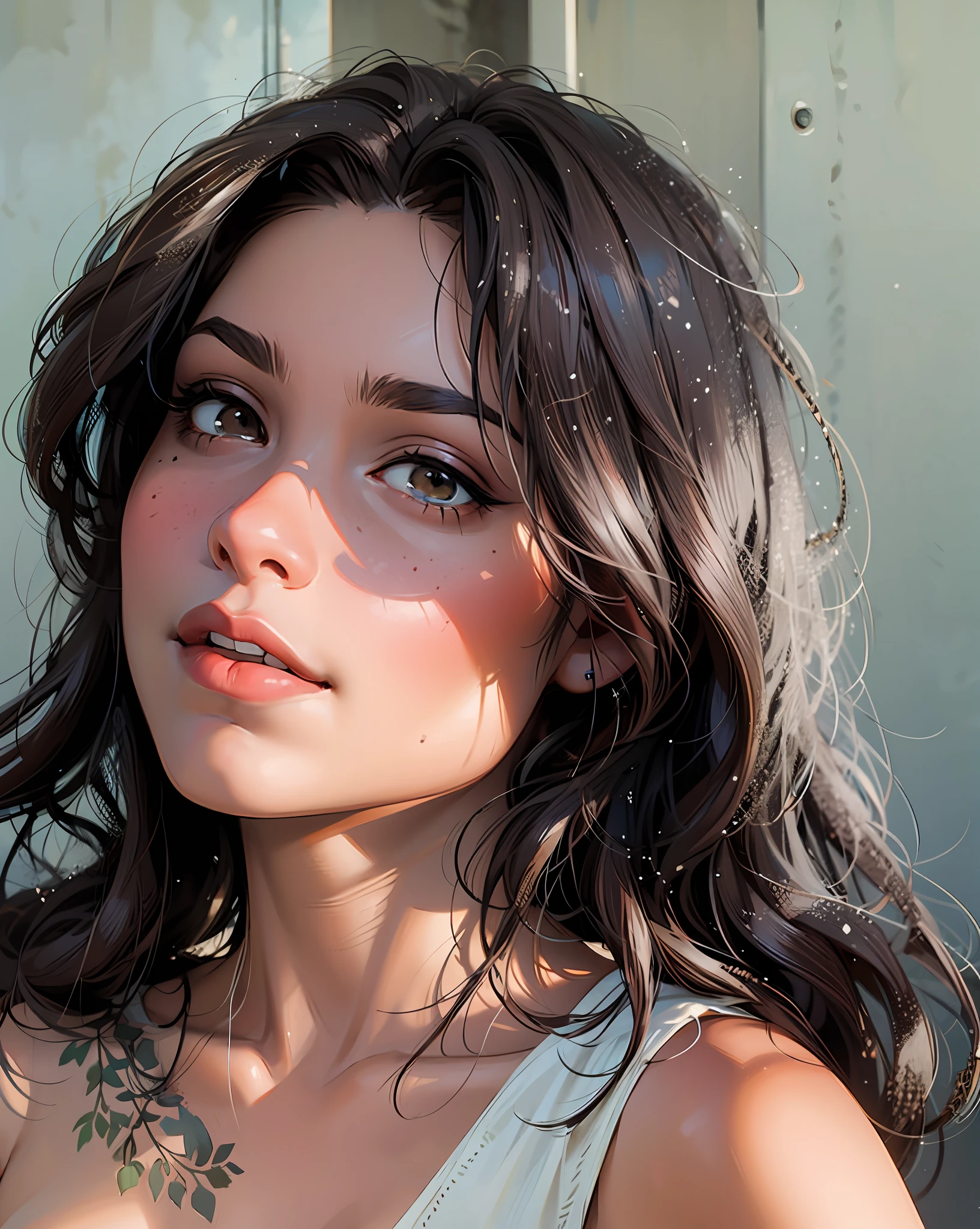a hyper-realistic portrait of a young woman, under a tree, inside a forest, in the middle of nature, 22 years old, realistic, (lying on her side), sexy, (huge breasts 2:1), short brown hair, (hair tied with bows), curved, SFW