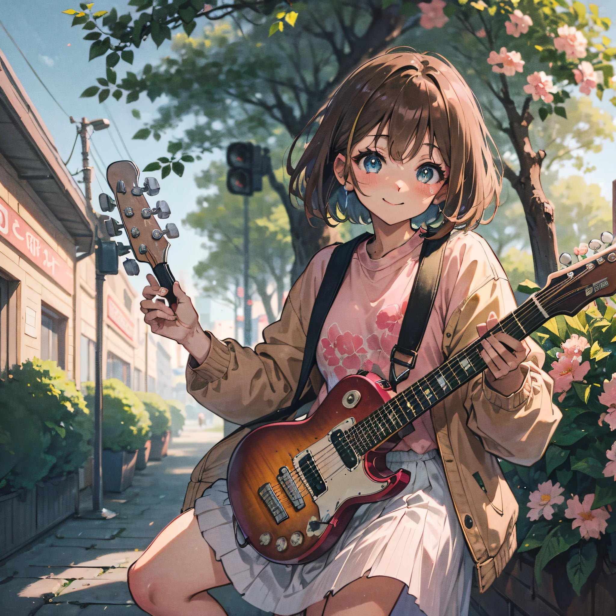 (Masterpiece), (Best Quality), (Super Detail), (Full Body: 1.2), 1 Girl, Chibi, Cute, Smile, Closed Mouth, Outdoor, Play Guitar, Music, Have a Guitar, Jacket, Blush, Tree, : 2, Shirt, Short Hair, Half Up, Five Fingers, Cherry, Blurry, Brown Hair, Pink Cheeks, Long Sleeves, Bangs, Pink Flowers, (Beautiful Detailed Face), (Beautiful Detailed Eyes), Looking at the Camera, Anime Illustration --auto