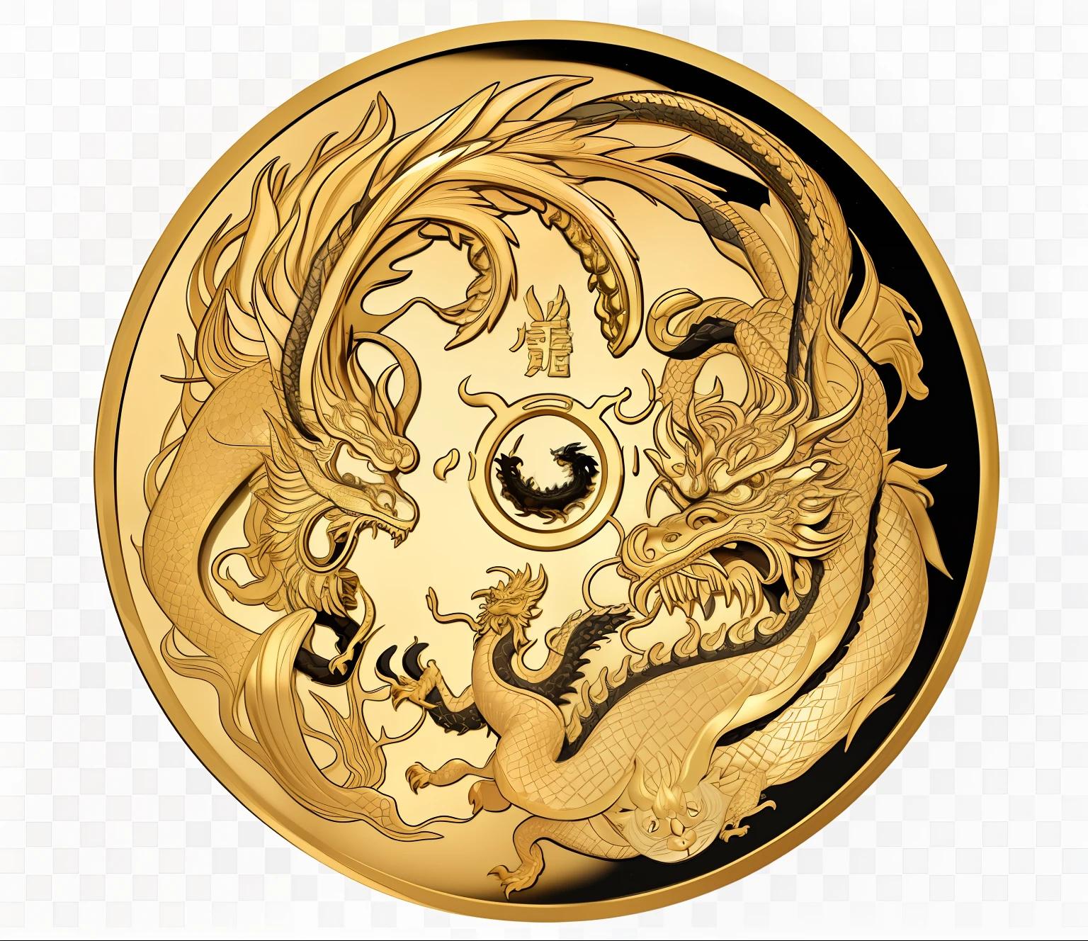 a gold coin with a dragon and a dragon on it, chinese dragon engrave, golden dragon, ancient chinese ornate, gold coins, smooth chinese dragon, chinese dragon, dragon design language, coin, china, hou china, fire flaming dragon serpent, ancient china art style, chinese dragons fighting, yuan - ti, 420, 8 intricate golden tenticles