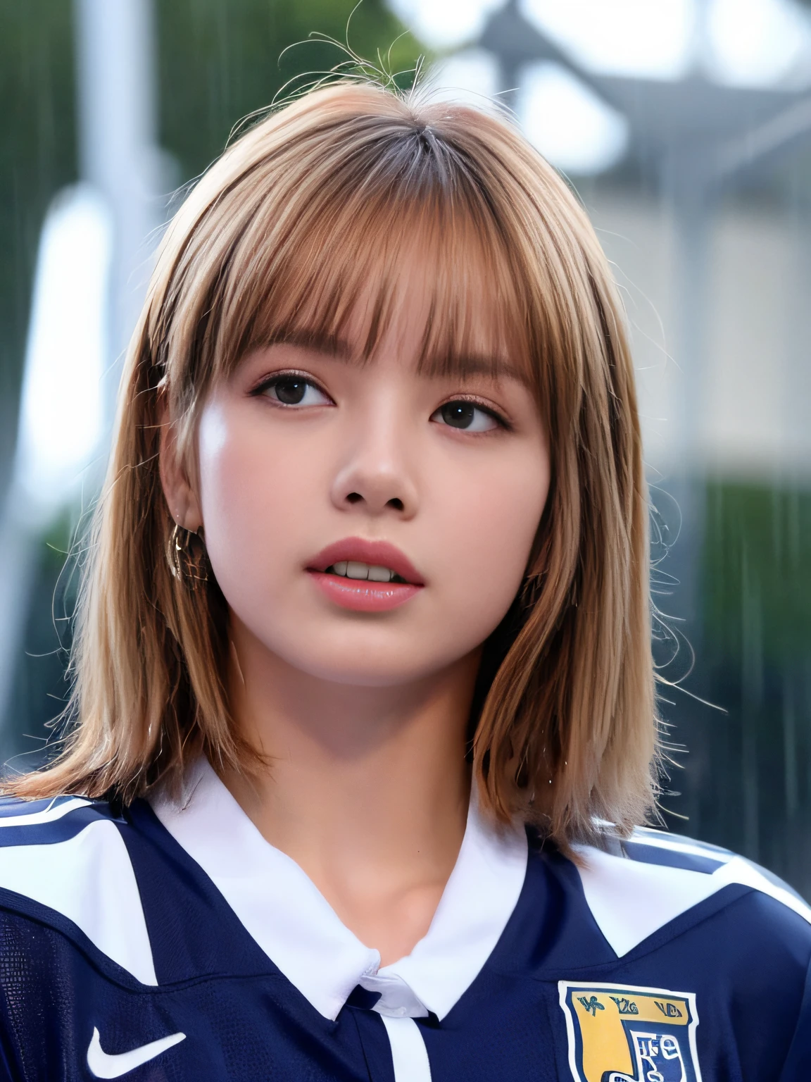 (Best Quality, 4K, Masterpiece: 1.3), Pretty Woman, 1Girl, Wearing Football Uniform, Abs: 1.1, Dark Brown Hair: 1.1, (Rain Wet, Rain Wet, Wet Body: 1.2), Ultra-Detail Face, Detail Lips, Detail Eyes, Double Eyelids