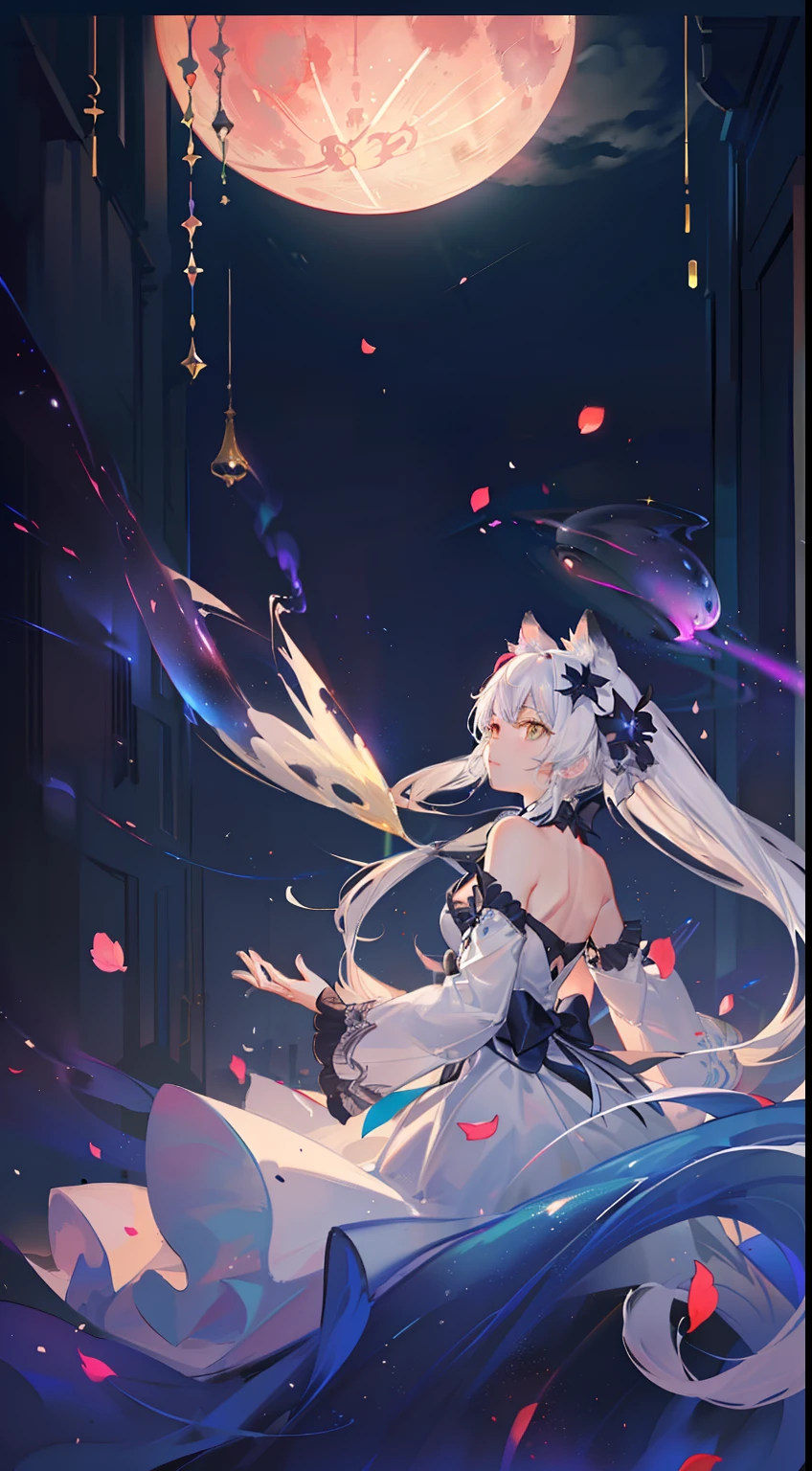 Extensive landscape photo , (looking up and down), Girl standing in flower field looking up, (Full Moon:1.2), ( Shooting Star:0.9), (Nebula:1.3), Flower field of white flowers, Shining flower field, Tree , (Warm light source:1.2), (Firefly:1. 2), Lamp, lots of orange and blue, fine details, voluminous Lighting BREAK (Masterpiece:1.2), (Top Quality), 4k, Super Dense, (Dynamic Composition:1.4), Very Fine Detail, Colorful Details, ( Iridescent:1.2), (Glowing Lighting, Atmospheric Lighting), Dreamlike, Fantastic, (Solo:1.2), Sparkling, Petals Dancing, White Hair, Beautiful hair, long hair, cat ears, back view, magical water effects, soap bubbles