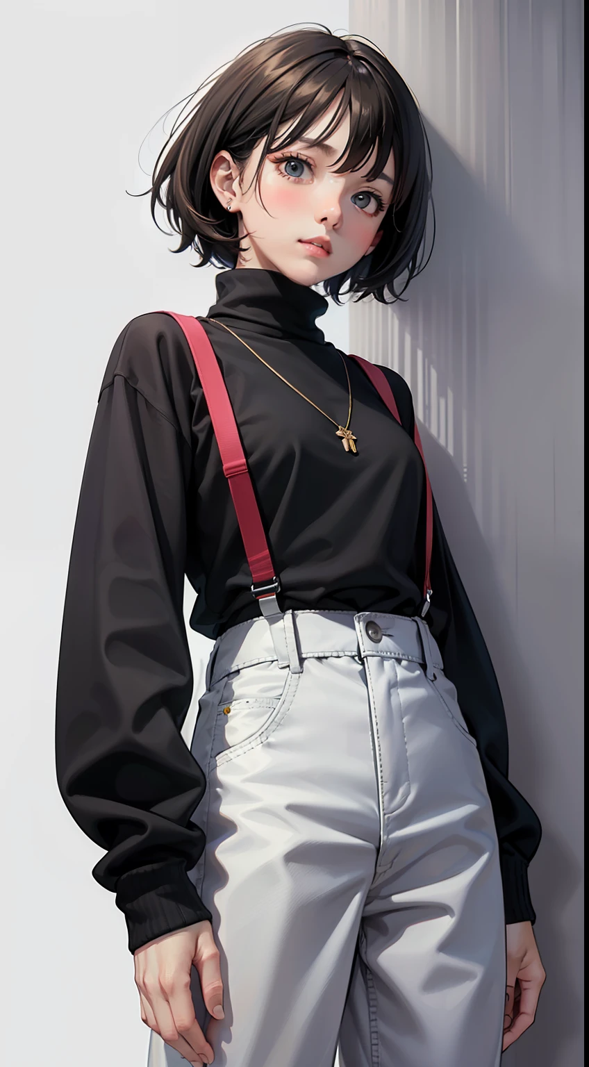 [(white background:1.4)::5], masterpiece, best quality, detailed, highres, colorful, good lighting, full_body,(chicken:1.3) background,
beautiful face, petite,
solo, suspenders, pants, 1girl, ((playing basketball)), necklace, grey pants, black shirt, black sweater, jewelry, black hair, long sleeves, turtleneck, shirt, cowboy shot, short hair, sweater,
 [(white background:1.5)::20], [(game character portrait:1.1):5], , [((outdoor):1.1):5], tree, villa,