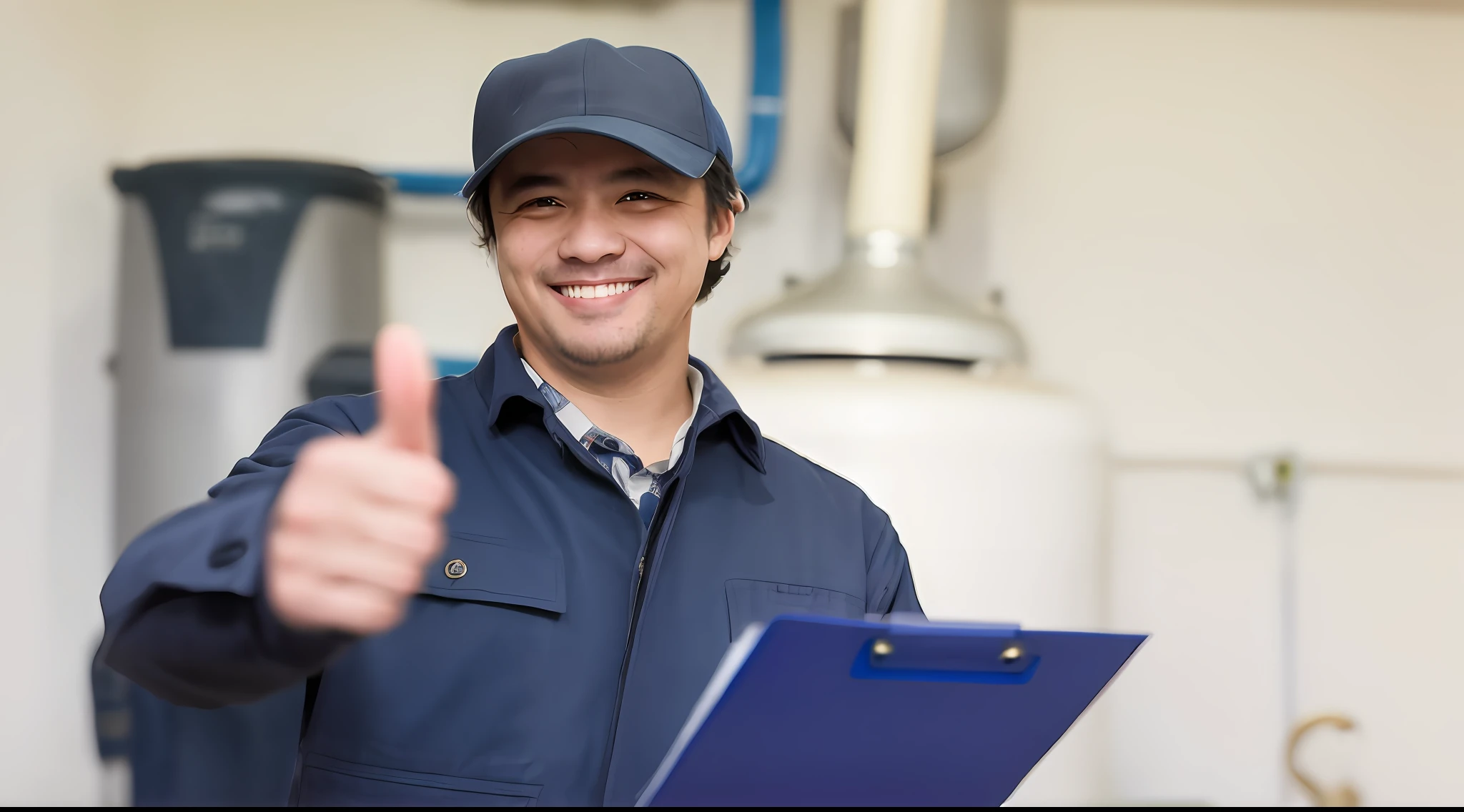 Smiling man in blue jacket holding clipboard and thumbs up, wearing plumber uniform, very professional, stock photo, maintenance, thumbs up, thumbs up, professional work, fine workmanship, professional photo, shutter stock, maintenance photo, chinese man, upload, thumbs up, warm and friendly expression, épaule devant pose, photo still