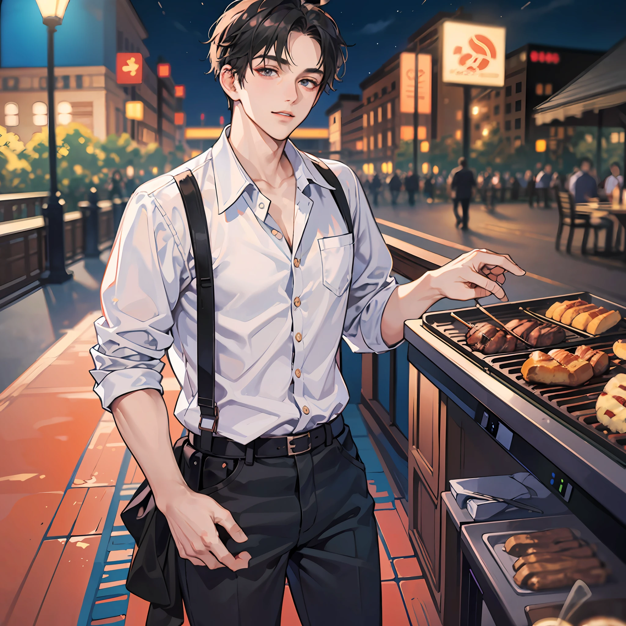 (Handsome man: 1.4), wearing a white shirt, short black hair, delicate face, fair skin, (evening in front of the grill restaurant: 1.4), 8K HD, magnificent view, master masterpiece - high-quality image, exquisite (full body: 1.4)
