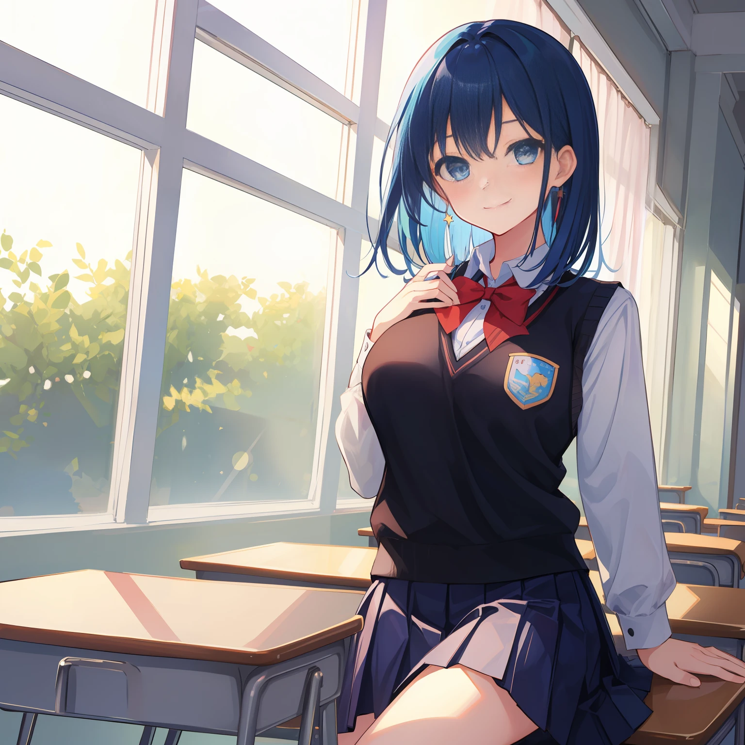 a drawing of a young woman in black school outfit sitting by a window, 1girl, solo,  shirt, indoors, skirt, breasts, blue eyes, sitting, blush, white shirt, looking at viewer, long sleeves, pleated skirt, window, collared shirt, sweater vest, school uniform, closed mouth, large breasts, bangs, classroom, on desk, blue hair, white stars in the eyes,medium hair, straight hair, hair over shoulder,smiling,