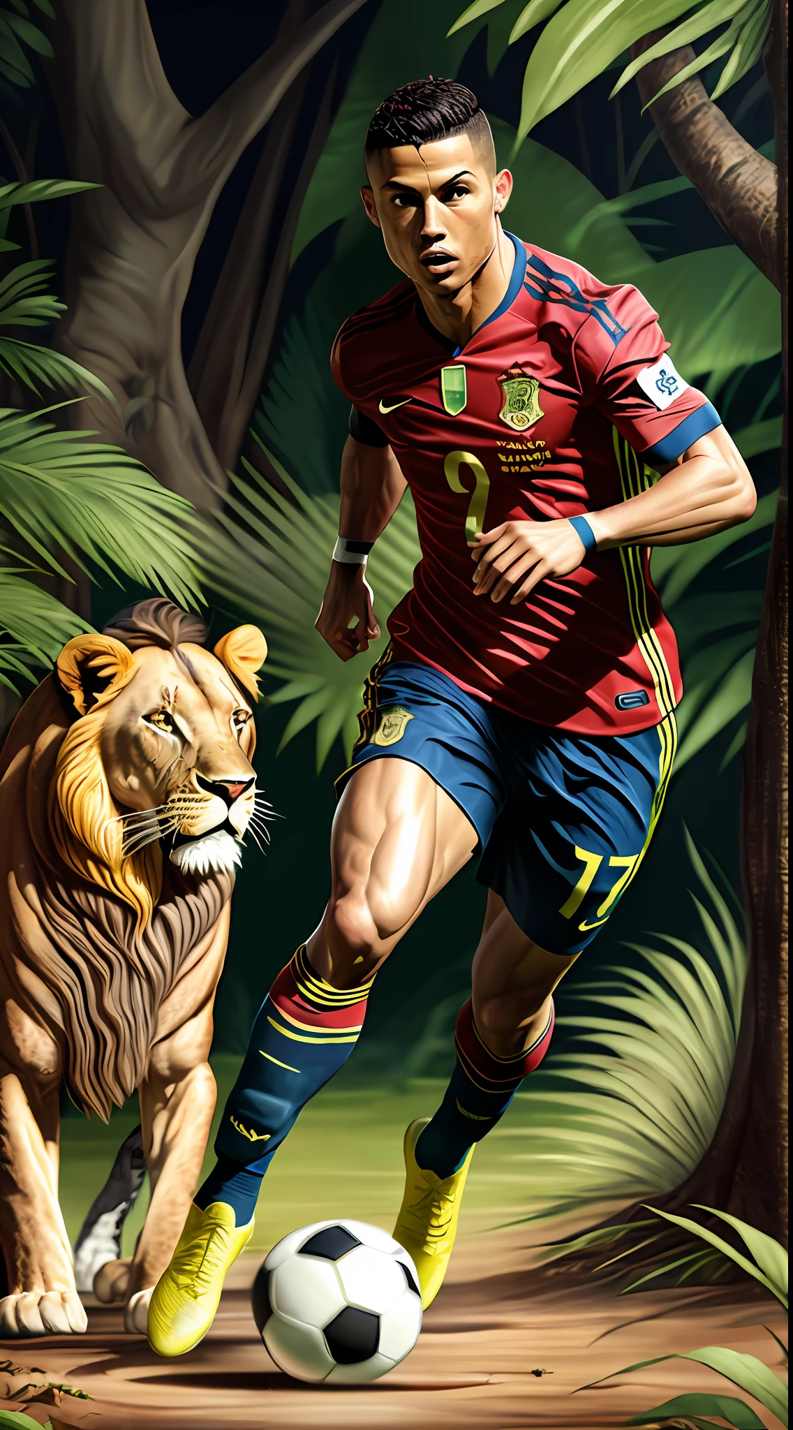 ronaldo with lion at jungle playing football realistic ,art illustrator, master piece --auto