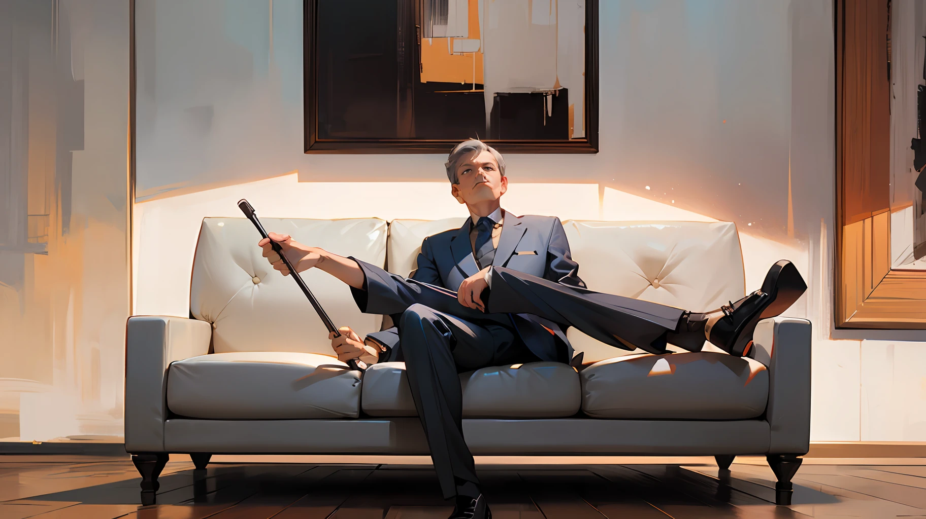 Realistic, 4k, From the Doctor House series, Dr. House in gray suit lying on a black couch looking up inside a white room with 3frames of abstract paintings and a cane leaning against the couch, 8k --auto