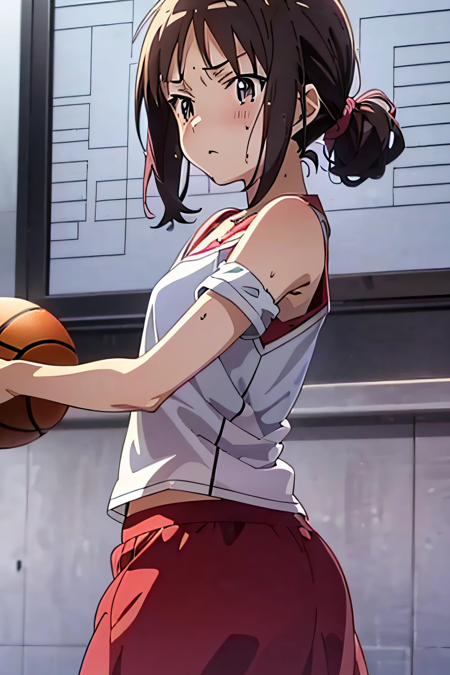 (Best Quality,Anime,Anime Art Style,Anime Screen Cap:1.5)Yuyushiki, Girl, , Sweat,Playing basketball,Intense Angle,Hard Movement,Looking Away,Expressionless