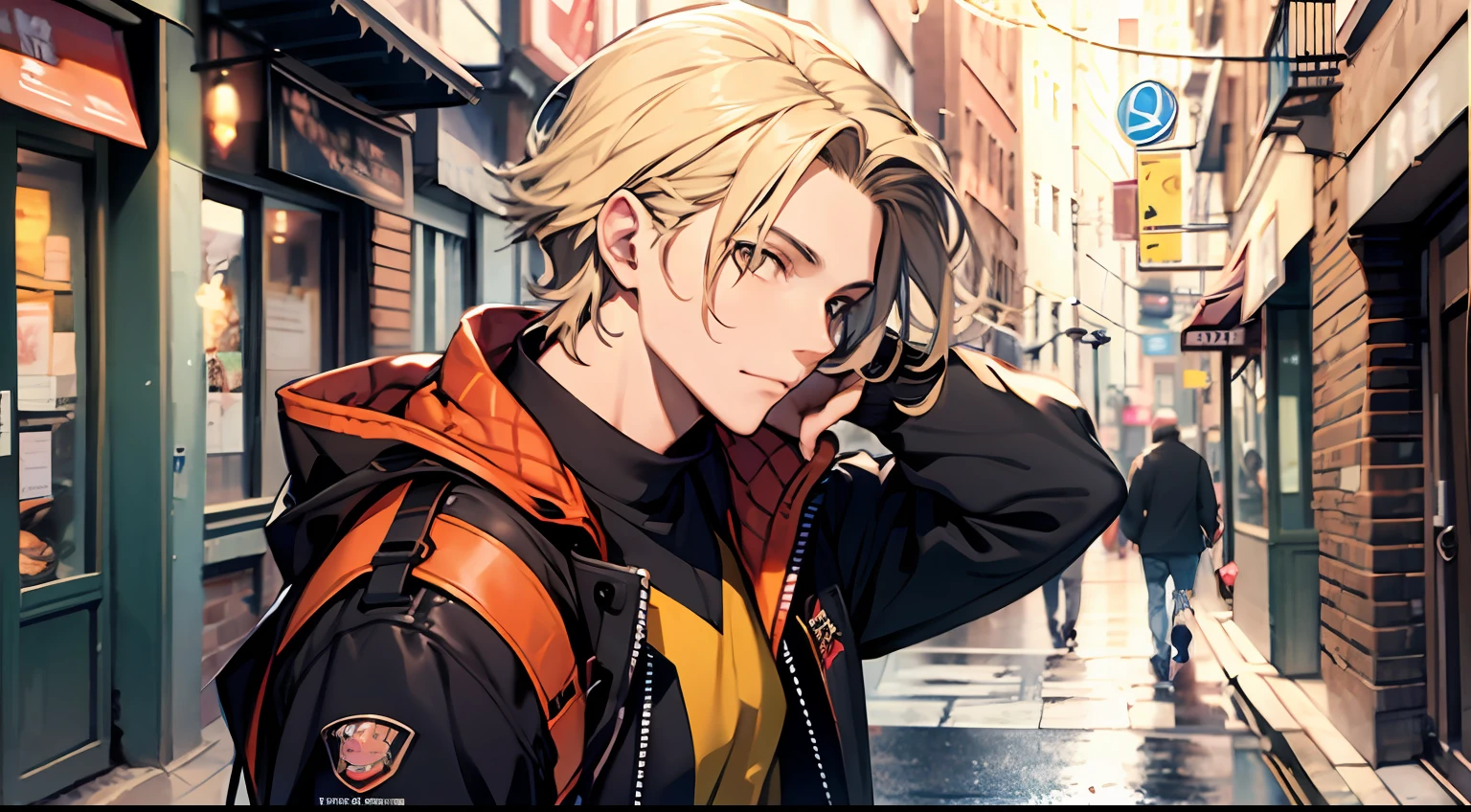 Masterpiece, best quality, a man, yellow hair, street side