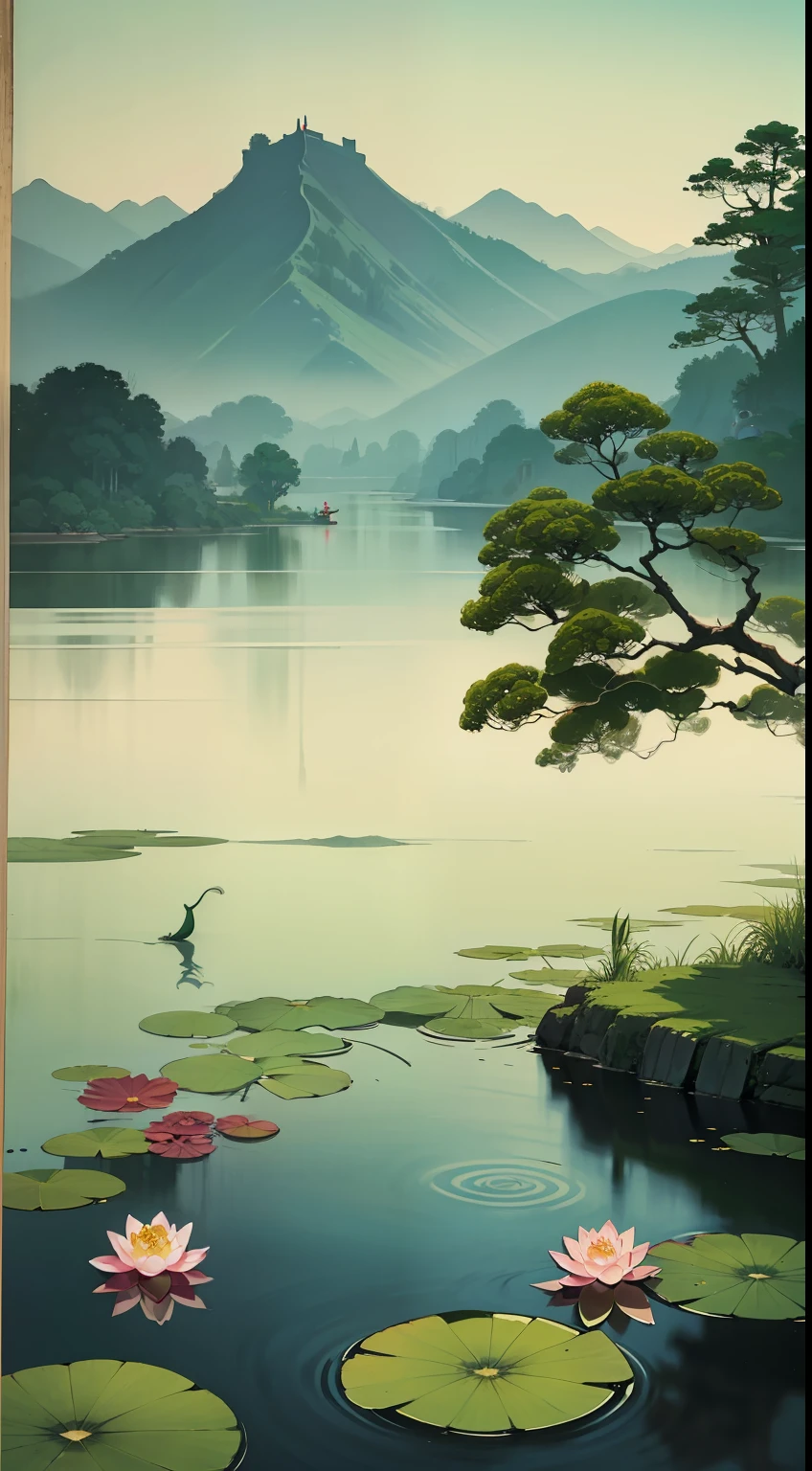 The lotus flowers and leaves in the pond are full of (Chinese color_ink painting style),exudes the style of traditional (Chinese color_ink painting), by Wu Guanzhong