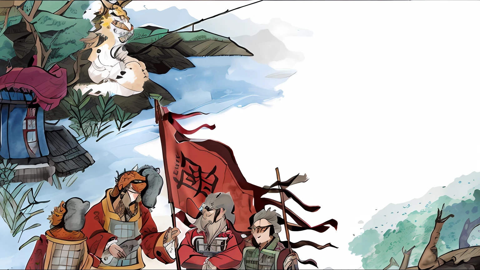 King Zhou is meeting Jiang Taigong, Jiang Taigong is wearing a gown, holding a fishing rod There are many people holding flags and dragons in the picture, full-color illustration, Three Kingdoms of China, inspired by Yun Feiji, illustration, Chinese mythology, full-color digital illustration, from the Three Kingdoms, color illustration, color illustration, inspired by Dongzhou Salaku , inspired by Dongyuan, Journey to the West