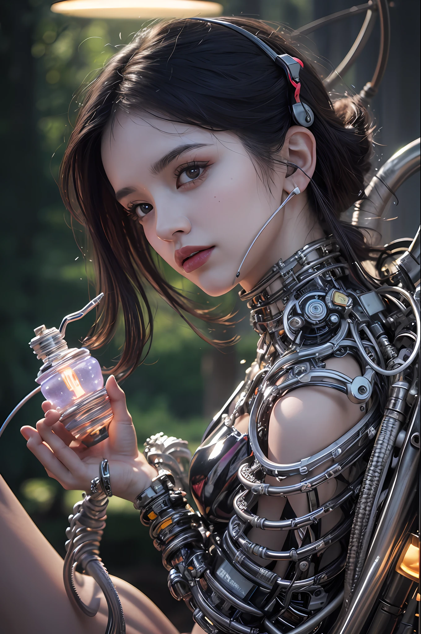 Top Quality, Masterpiece, Ultra High Resolution, (Photorealistic: 1.4), Raw Photo, Insect Girl 1 Person, Black Hair, Glossy Skin, 1 Mechanical Insect Girl, (((Ultra Realistic Detail)), Portrait, Global Illumination, Shadows, Octane Rendering, 8K, Ultra Sharp, Big, Cleavage Exposed Raw Skin, Metal, Intricate Ornaments Details, Headset, Hydraulic cylinder, very intricate details, realistic light, CGSoation trend, purple eyes, glowing eyes, facing the camera, neon details, mechanical limbs, blood vessels connected to the tube, mechanical vertebrae attached to the back, mechanical cervical attachment to the neck, sitting, wires and cables connecting to the head, evangelion, cyberpunk, small LED lamp,