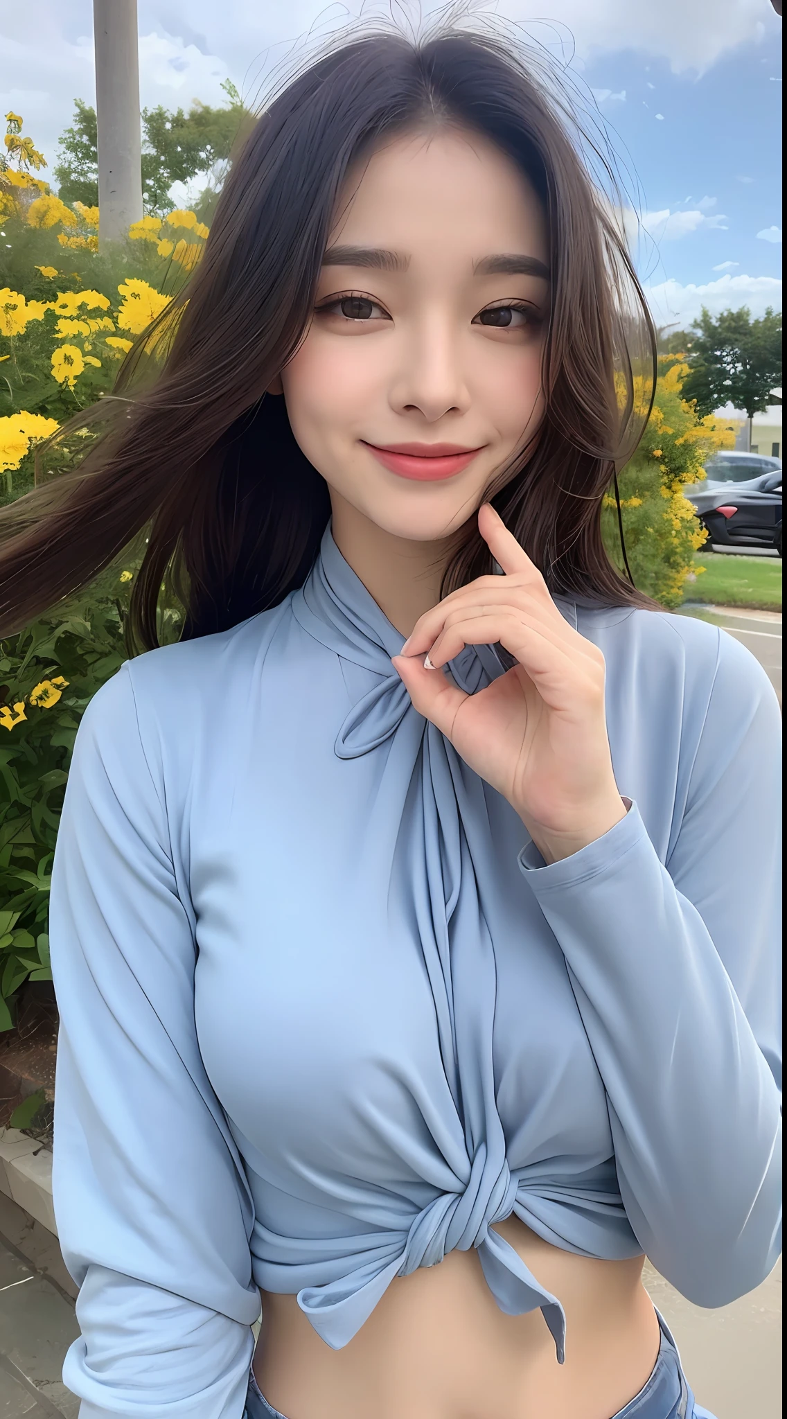 ((Best Quality, 8K, Masterpiece: 1.3)), 1girl, Slim Abs Beauty: 1.3, (Casual hairstyle, No big breasts: 1.2), Long sleeves translucent short shirt hem knotted: 1.1, Super fine face, Delicate eyes, Double eyelids, smile, flowers, wind blowing hair flying