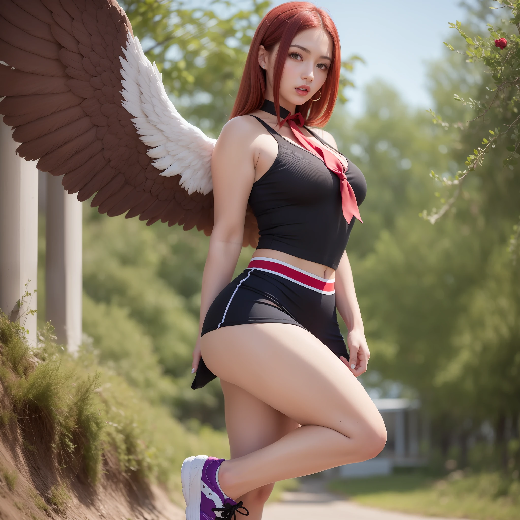 beautiful red-haired woman with long, straight hair falling under her shoulder, wings, with angel wings, wearing high school clothes, blouse with red tie and red mini skirt, black socks that go up to the knees and all star sneakers, red makeup around the eyes making a drawing on the face, purple eyes, red lipstick, a mole on the left side of the mouth, perfect face, expression of shame, cute expression, perfect body, round chest, big ass, thick thighs, whole body, detailed scenery, detailed photo, masterpiece, 8k, raw photo, perfect lighting