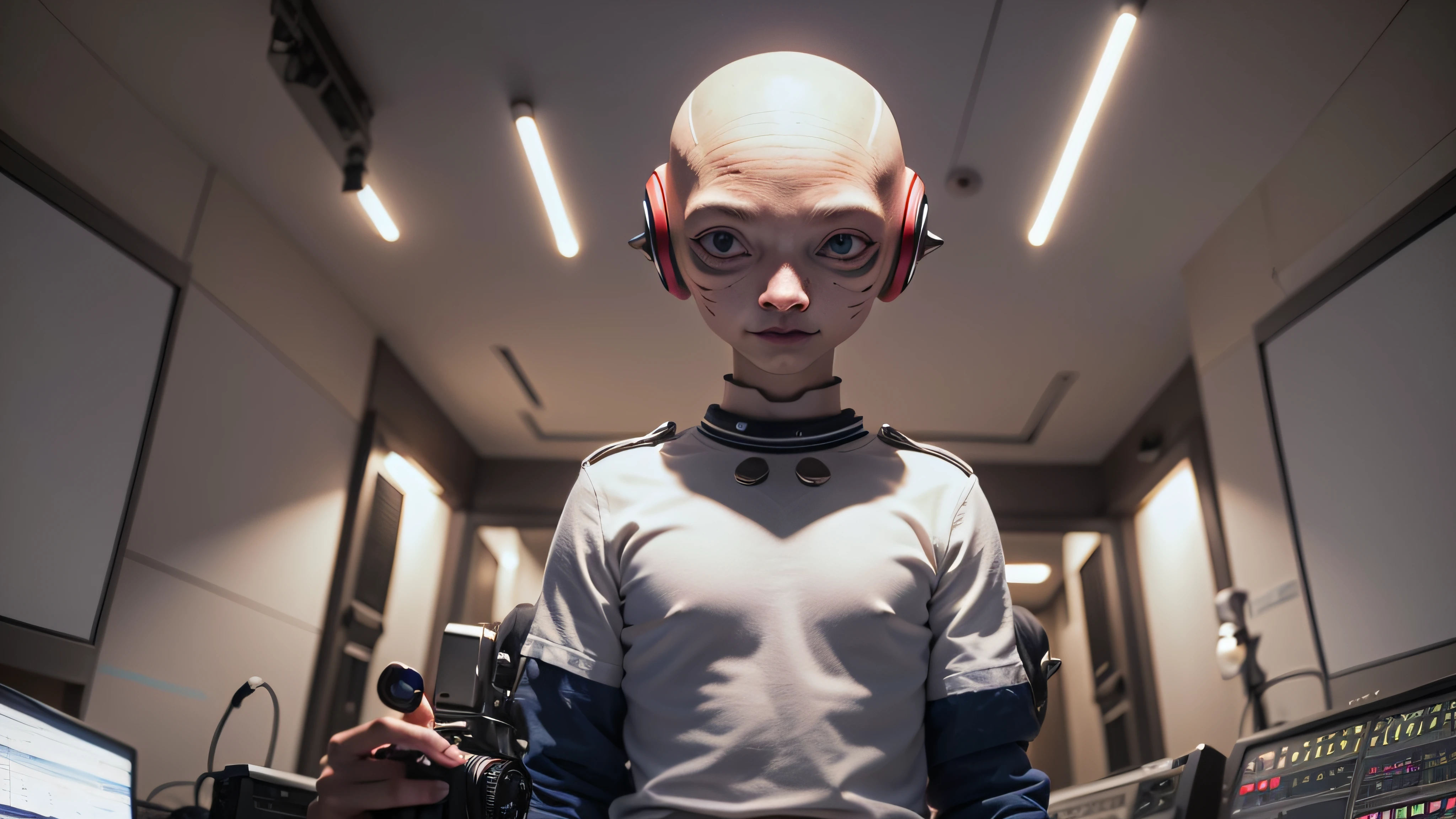 An alien, with albino and realistic skin, large head, short and thin neck, very large eyes and all black, which reflects the local lighting, a nose similar to that of humans but small, a mouth similar to that of humans but small, the body is thin and thin, the alien wears a white sleeve shirt with a letter made of small silver that appears to the right represented within a triangle of the same size, the clothing is inspired by the clothes used for surfing, the color to be used is red, pink chock and blue, as well as details of the environment, and manufactured with neoprene fabric, it is possible to notice a silver necklace hanging from his neck, with a pinjente in the triangular shape with an eye that sees everything in the center as a symbol. the alien is in a recording studio whose scenery is minimalist and features a gray background in gradient hue to circular white, the camera captures the image from the waist up, the alien presents friendly and light expressions, the alien interact with the camera always with a slight smile of satisfaction and tranquility,  The skin used and all the elements are of extreme realism, especially the skins, the lighting is an illumination inspired by the 80s.