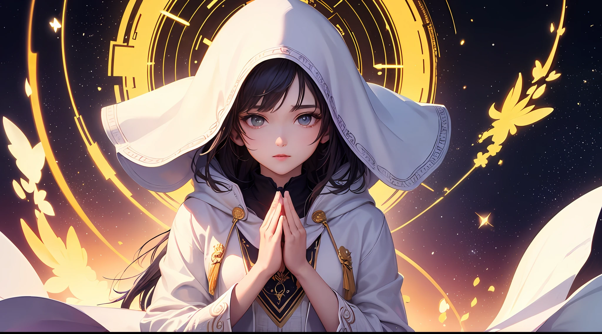 (Masterpiece, Top Quality, Best Quality, Official Art, Beauty and Aesthetics: 1.2), (1 Girl), Extreme Detail, (Fractal Art: 1.3), Colorful, Supreme Detail, Perfect Face, Upper Body, HDR, (Prayer: 1.3), (White Cloak Golden Lines: 1.2), Galaxy, (Light Stripes), Striking Visuals, (Dynamic Stripes, Glow Trajectory: 1.2), Bright Colors, Hands Folded