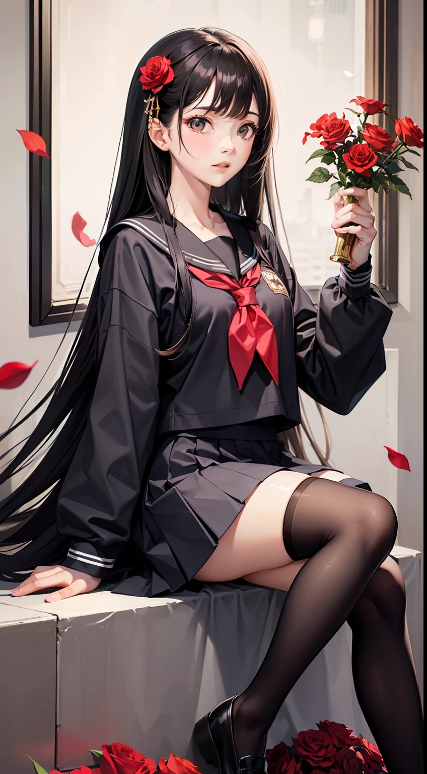 camellia, flower, red_flower, red_rose, rose, sword, weapon, katana, 1girl, pink_rose, pink_flower, spider_lily, shoes, long_hair, school_uniform, serafuku, sheath, skirt, solo, holding_sword, sheathed, vase, looking_at_viewer, sitting, orange_flower, pleated_skirt, rose_petals, black_shirt, black_legwear, black_skirt, holding_sheath, hibiscus, very_long_hair, parted_lips, loafers, sailor_collar, black_hair, neckerchief
