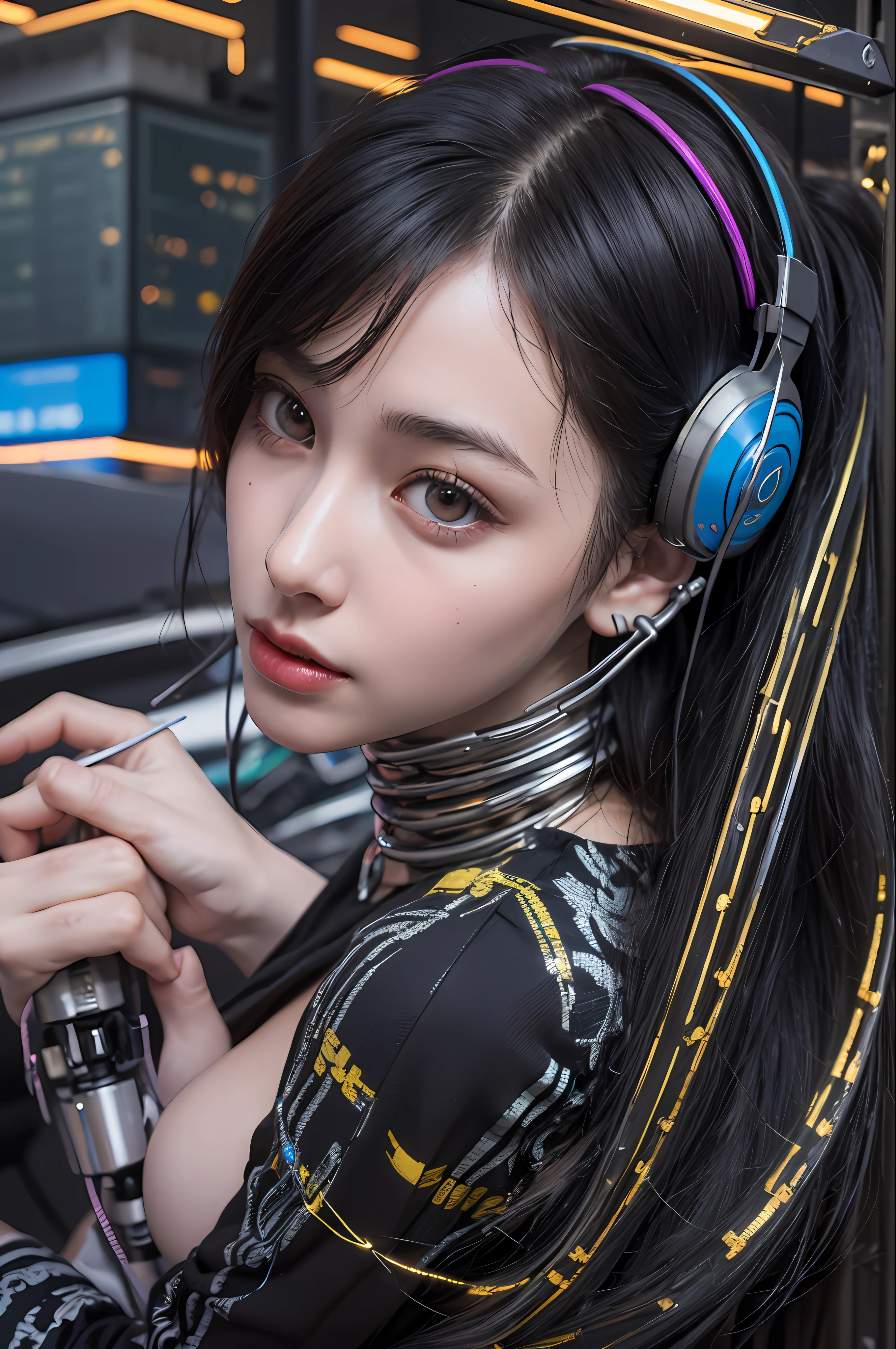 Top Quality, Masterpiece, Ultra High Resolution, (Photorealistic: 1.4), Raw Photo, Insect Girl 1 Person, Black Hair, Glossy Skin, 1 Mechanical Insect Girl, (((Ultra Realistic Detail)), Portrait, Global Illumination, Shadows, Octane Rendering, 8K, Ultra Sharp, Big, Cleavage Exposed Raw Skin, Metal, Intricate Ornaments Details, Headset, Hydraulic cylinder, very intricate details, realistic light, CGSoation trend, purple eyes, glowing eyes, facing the camera, neon details, mechanical limbs, blood vessels connected to the tube, mechanical vertebrae attached to the back, mechanical cervical attachment to the neck, sitting, wires and cables connecting to the head, evangelion, cyberpunk, small LED lamp,