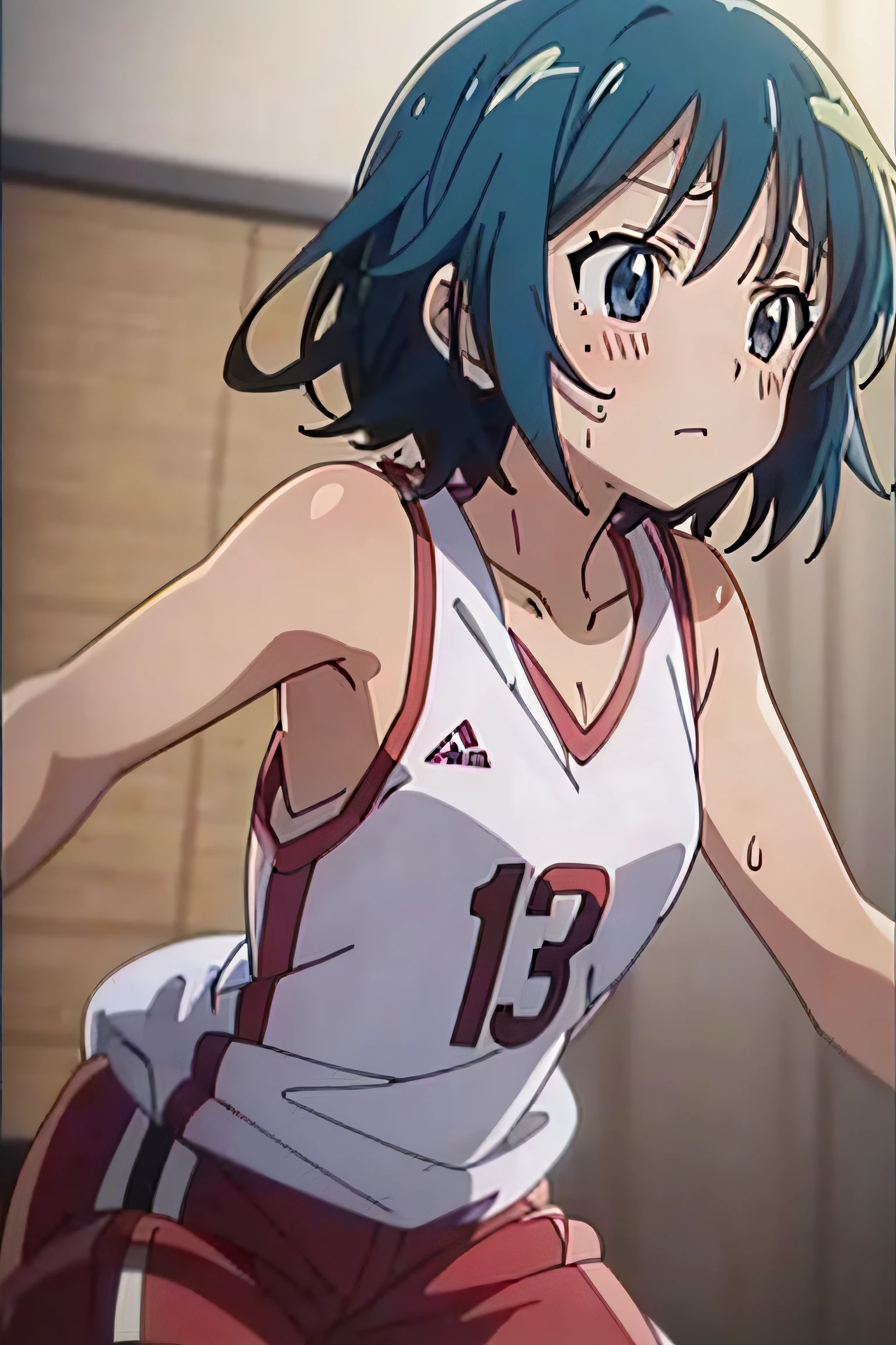 (Best Quality,Anime,Anime Art Style,Anime Screen Cap:1.5)Yuyushiki, Girl, 13 years old, Sweat,Playing basketball,Intense Angle,Hard Movement,Looking Away,Expressionless