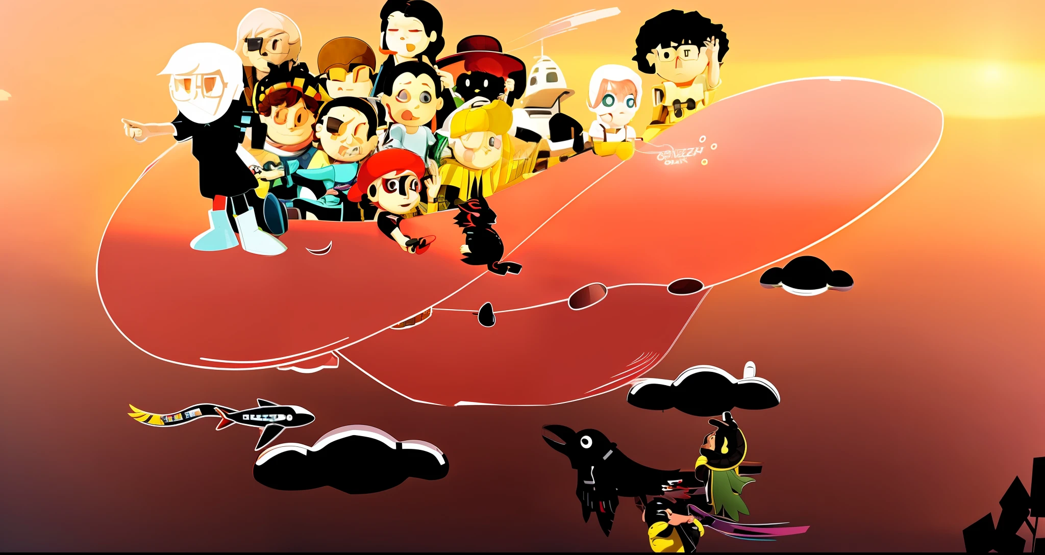 cartoon of a group of people flying in a beach hat in the sky at sunset, high-quality official art, detailed, pixiv contest winner, video game art, inspired by Winsor McCay, added detail, chibi, concept art, themed spaceship, very crowded, discworld theme, colorful comic, vivid colors, cinematic lighting, shaders