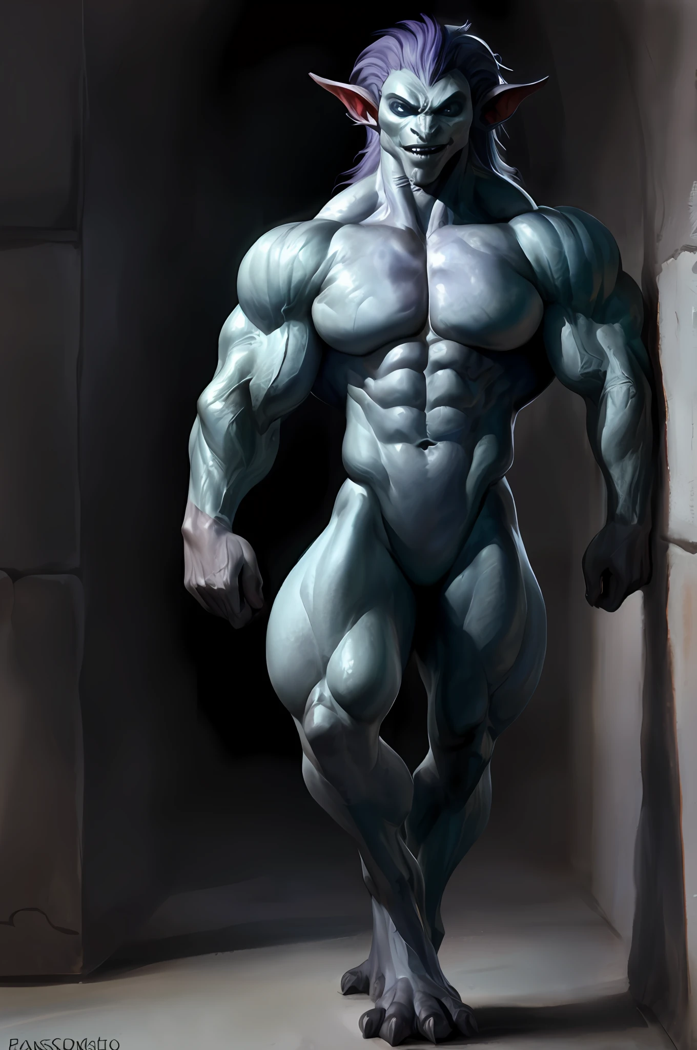 , by Bonifasko, anthro, solo, mighty, strong, powerful,  enormous muscles, muscular body, troll, mesomorph, waist is very slim, shoulders is very wide, chest is very large, torso is very tall, small head, wall of incredible abs, mane, detailed background, standing, looking at viewer, male, front view