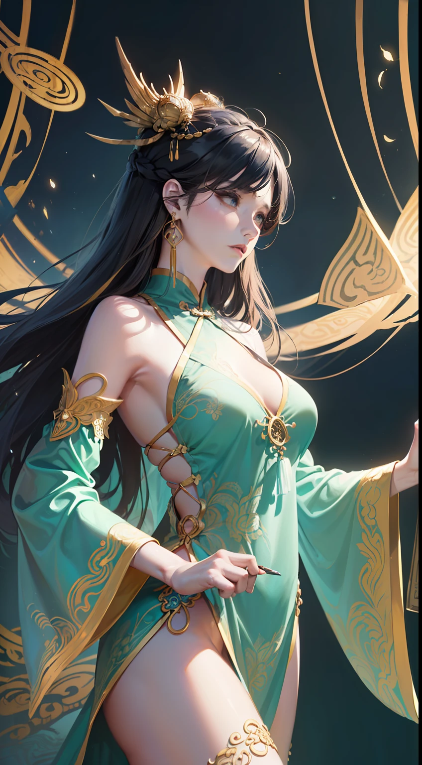 ((fantasy:1.2), (mythical:1.5), (Chinese Taoism), (expressive character), (dramatic pose), (ethereal lighting), (mystical atmosphere), (intricate details), (elaborate hair design), (flowing robes), (magical symbols), (ancient artifacts), (divine glow), (spiritual essence), (exotic vegetation), (evocative expression), (bold brushstrokes), (epic proportions))
