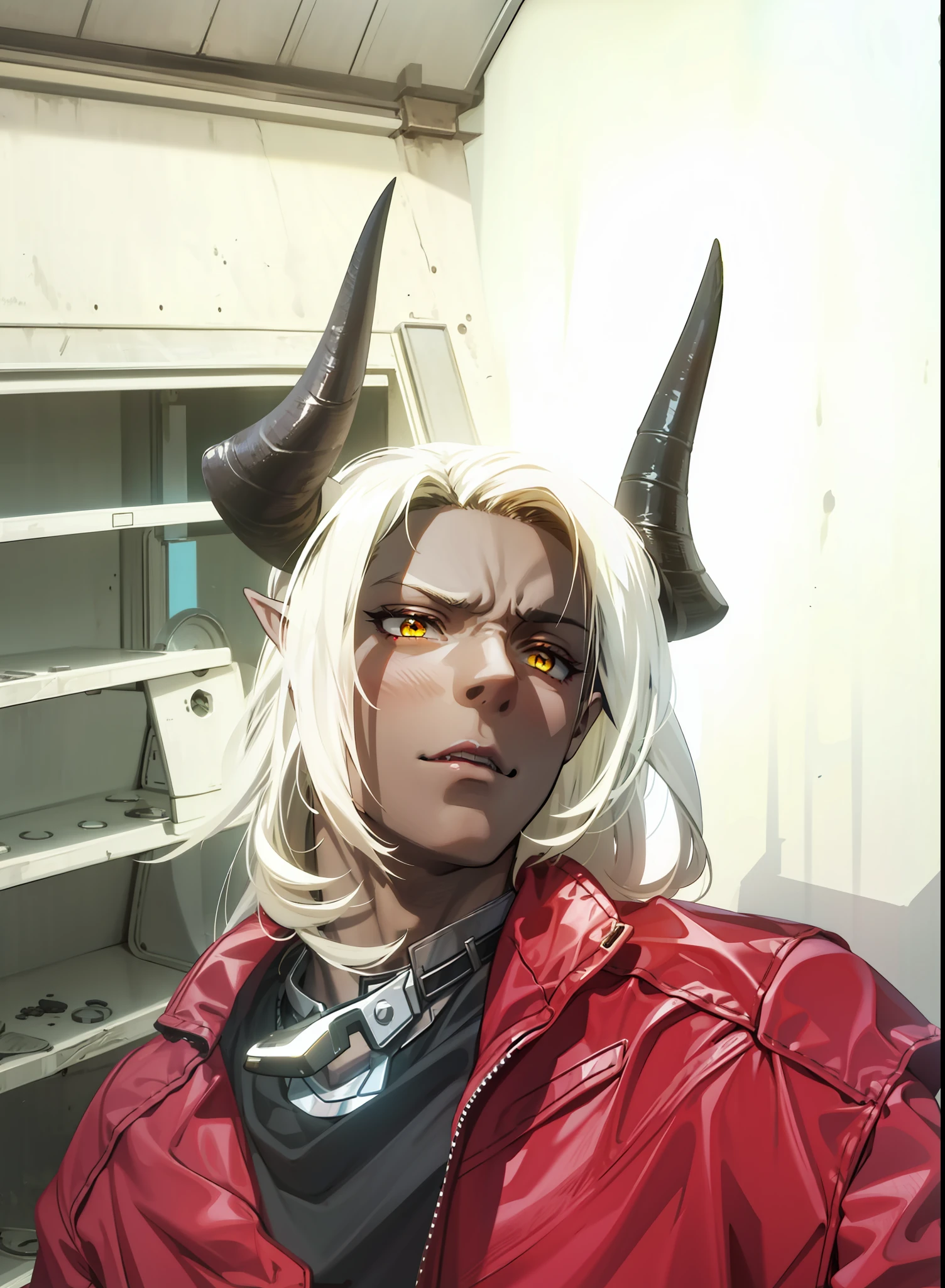Boy, brunette skin, red jacket, pointy ears, horns,4k, yellow eyes
