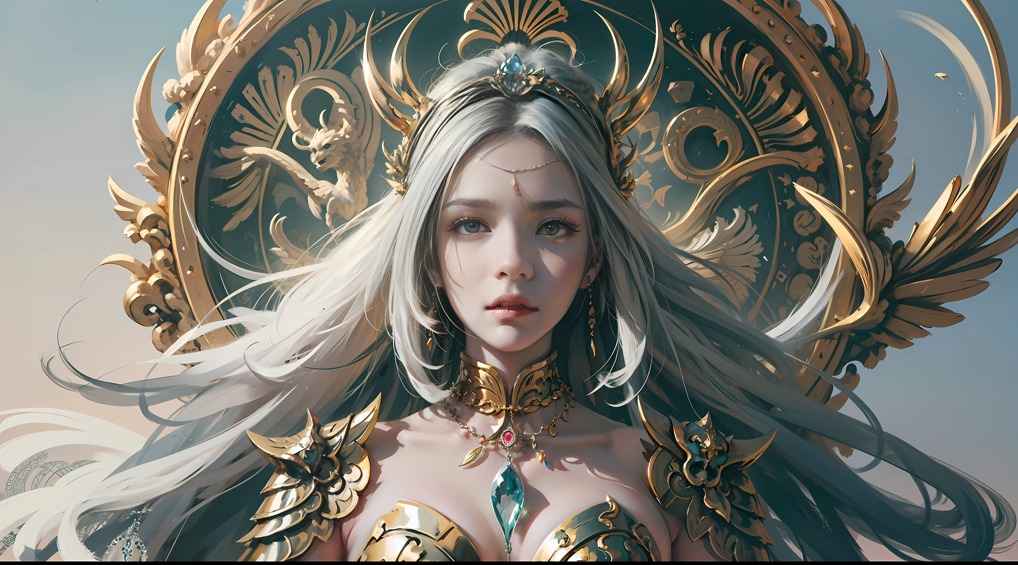 Oriental girl, a 25-year-old anime beauty, with heroic eyebrows, a goose egg face, long flowing hair, influenced by ancient Chinese art, silver long hair, blonde hair accessories, gorgeous white Tang Dynasty costume, Chinese dragon background, fantasy art, white background, Chinese style, backlight, silver and white and gold, traditional oil painting, accurate structure, five fingers, two hands, two legs, correct human anatomy, high cold, elegant, 16k, oversized, super detailed