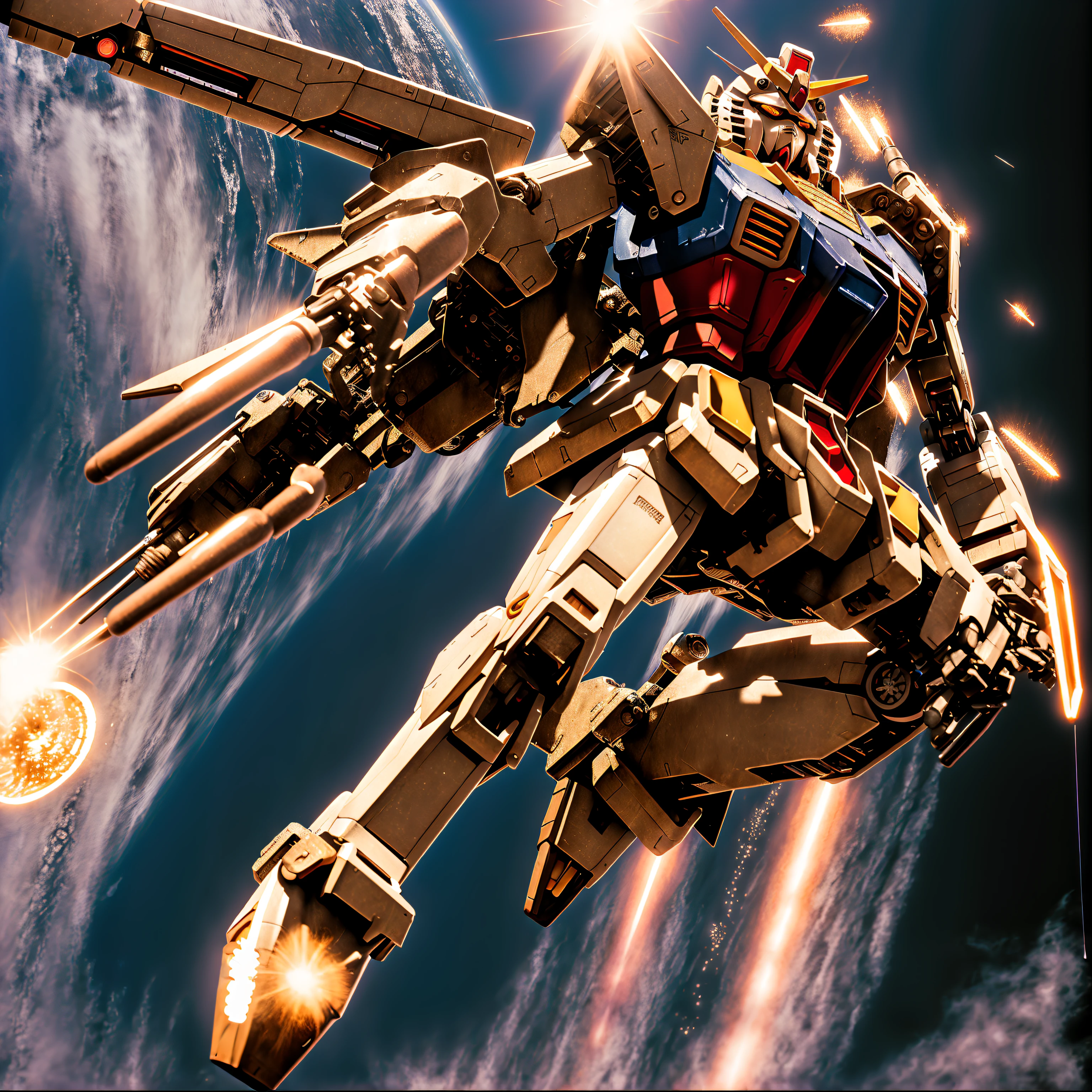 a giant (Gundam rx78 1.2) robot with a gun in its hand and Shield in space, space; earth in the background, ruins, sci-fi, sparks, and flames surround it, Steel, edge rust, and edge wear (extremely detailed CG unity 8k wallpaper), realistic, ((masterpiece)), highest quality, ((scifi)), lens flare, ((light sparkles)), unreal engine, trending on ArtStation, trending on CGSociety, Intricate, High Detail, realism, beautiful and detailed lighting, shadows (was-gunpla)