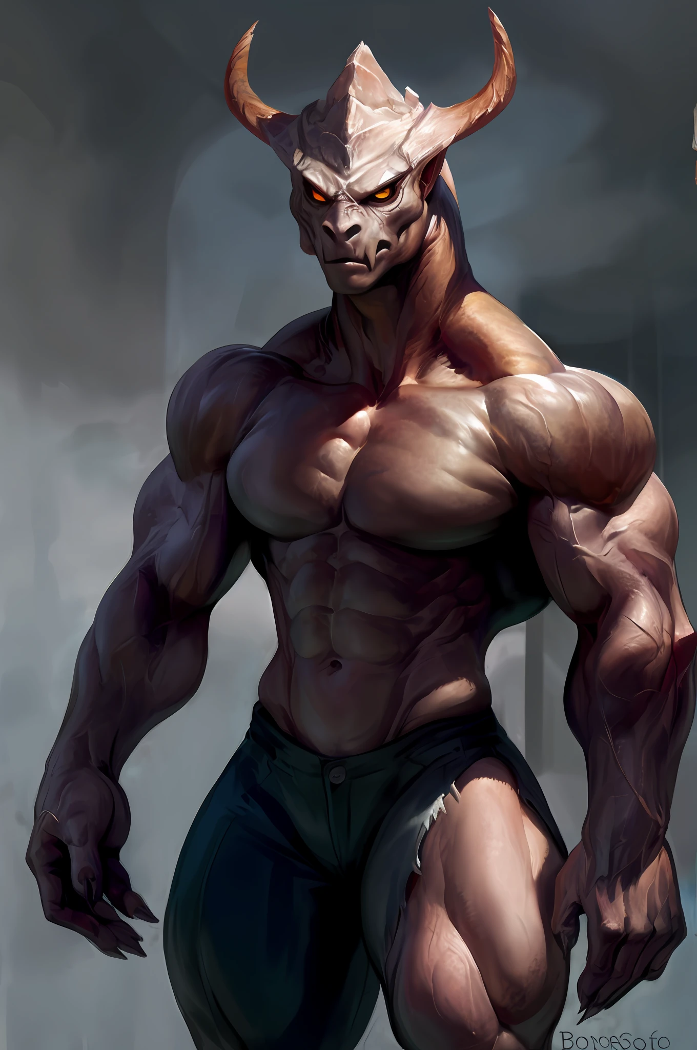 , by Bonifasko, anthro, solo, mighty, strong, powerful,  enormous muscles, muscular body, golem, mesomorph, waist is very slim, shoulders is very wide, chest is very large, torso is very tall, small head, wall of incredible abs, mane, detailed background, standing, looking at viewer, male, front view
