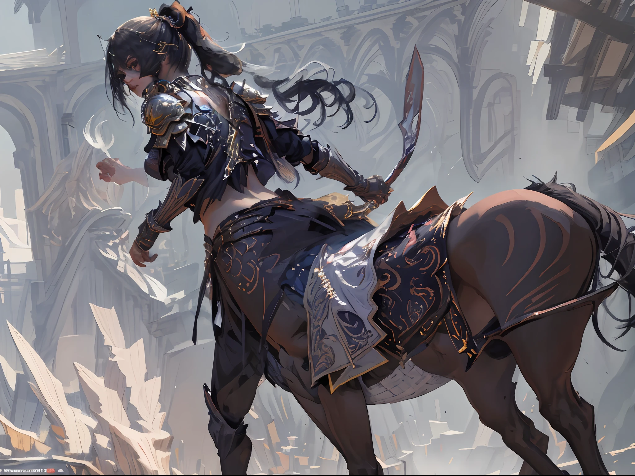 (skull:1.3) knight,centaur, navel, holding, jewelry, medium breasts, high ponytail, weapon, outdoors, barefoot, solo focus, day, midriff, sword, holding weapon, armor, holding sword, straddling, shoulder armor, veil, dual wielding, pauldrons, circlet, desert, arabian clothes, see through mouth veil, head chain,gold mouth veil, pastel color, flaming weapon, fire, see through, heterochromia, blurry background, foggy background, (rim light:1.2), (back light:1.2), Crepuscular Ray,