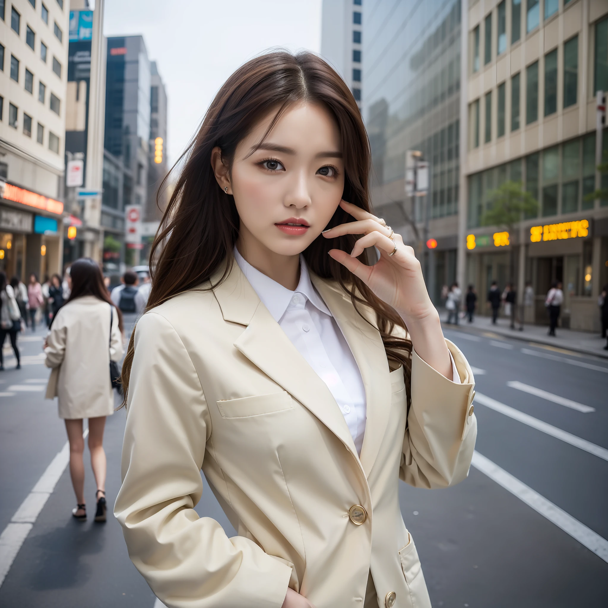 solo, (office lady,white coat,), 半身照,牛仔照, city_lights, (looking viewer:1.3), 唇裂, red_lips, 有光泽的皮肤, skindentation, best quality, ultra high res, (photorealistic:1.4 ),