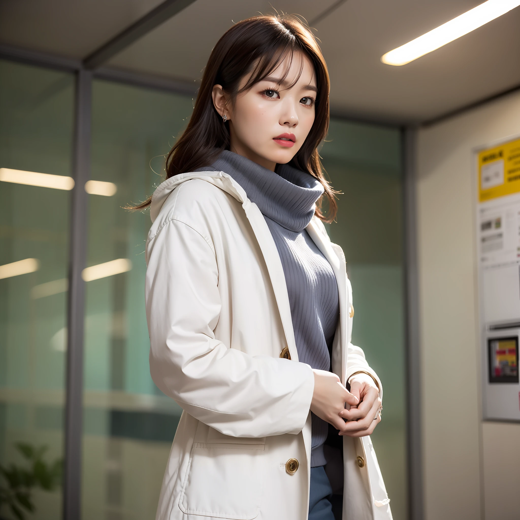 solo, (office lady,white coat,), 半身照,牛仔照, city_lights, (looking viewer:1.3), 唇裂, red_lips, 有光泽的皮肤, skindentation, best quality, ultra high res, (photorealistic:1.4 ),