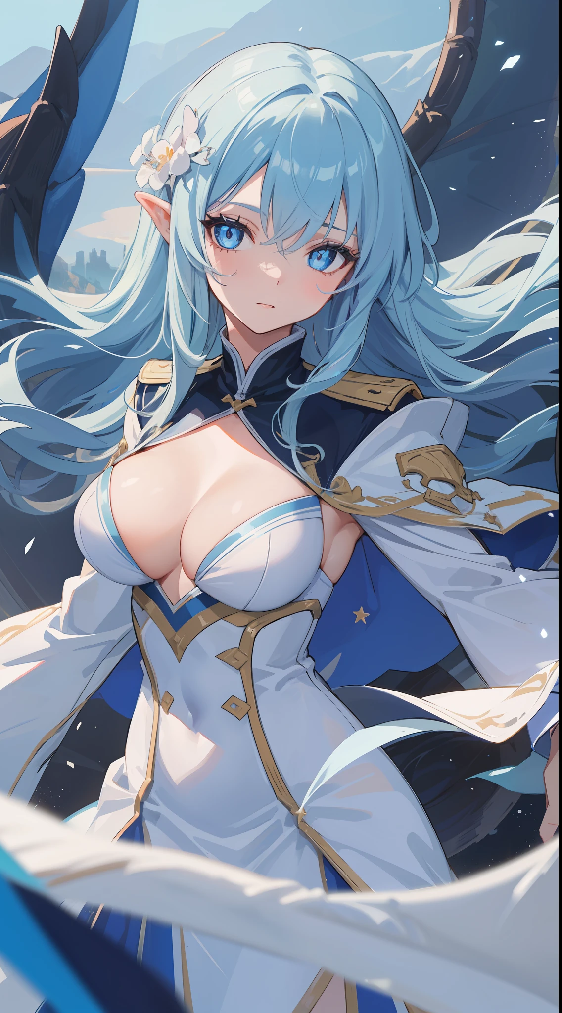 1girl, long sharp light-blue hair, sharp blue eyes with sharp star pupils, wears a white royal uniform overlaid with blue, she is a dragon girl and queen of dragons, medium boobs, 8k, beautiful scenery colour