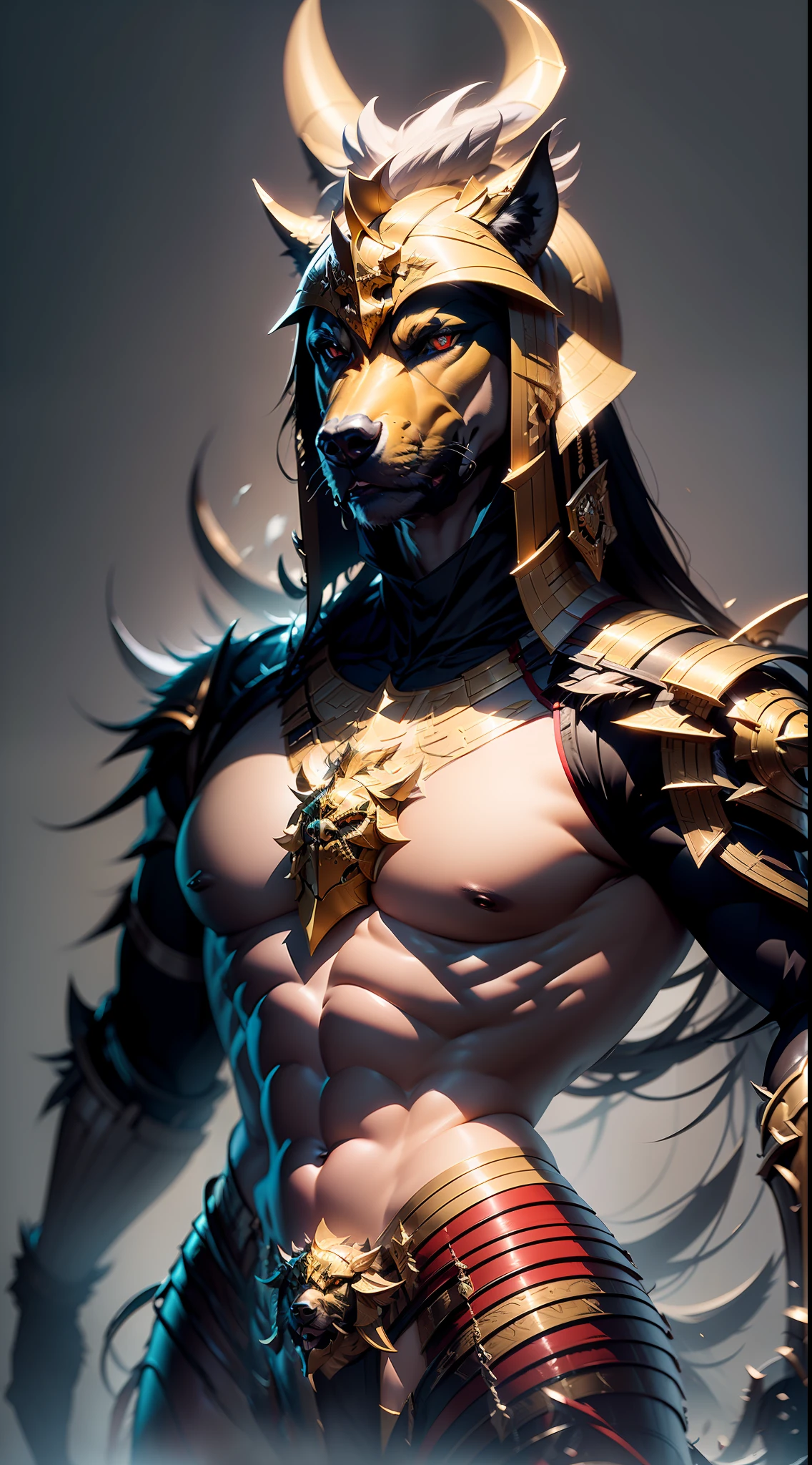 Dogy.1 male, single, adult, mature, tall muscular male, broad shoulders, handsome, dog head, glowing red eyes, (full body covered in blood: 2.0) ,full body,angular chin, glittering golden armor,  holy light, light art, light painting, wildlife photography