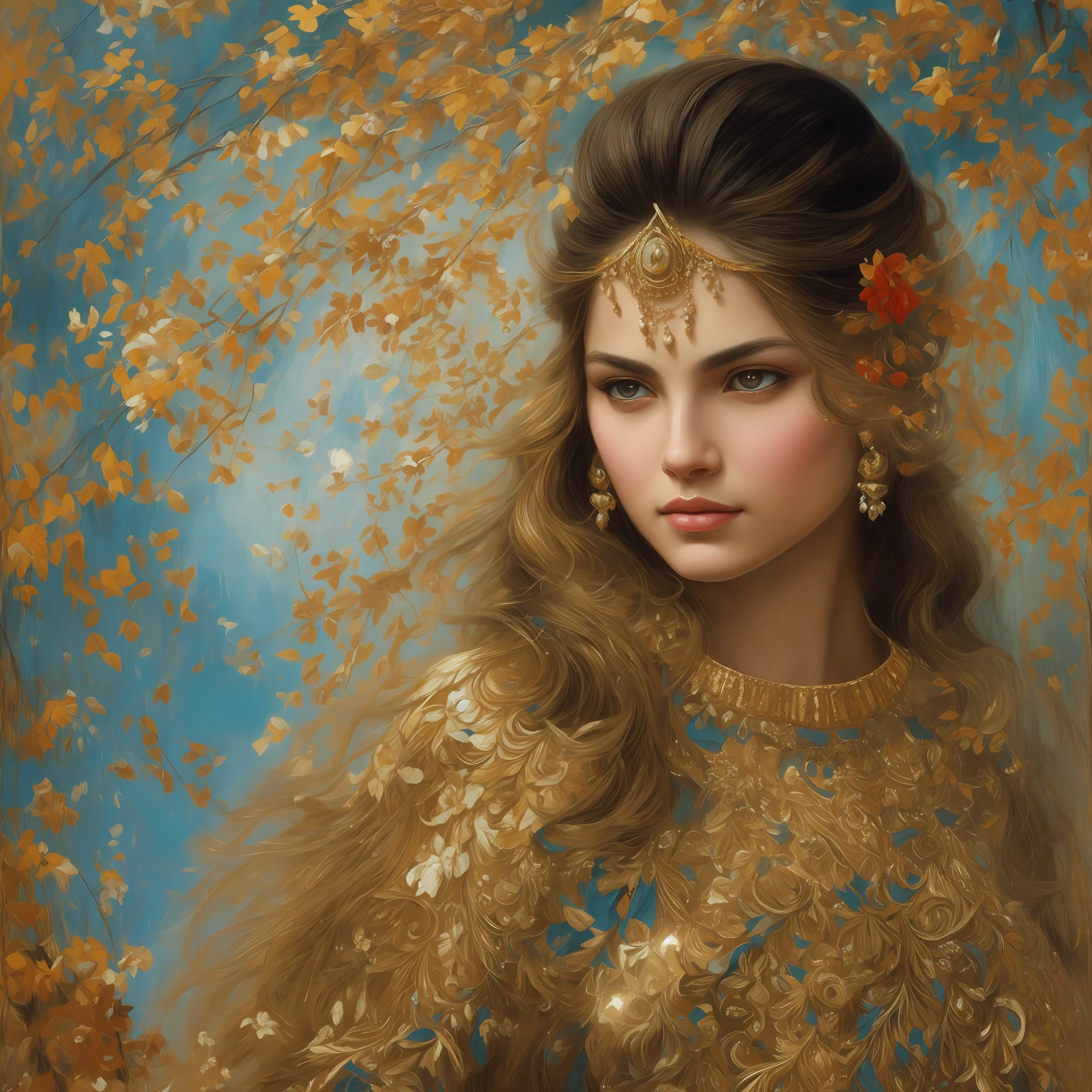 a close up of an Indian warrior woman deity with black hair and a red mask, golden ornaments, silver trinkets,blood spatter,beautiful character,dark cyan tunic, yellow tunic, elegance, mystique, knowledge, dignified stance, intricate patterns, nature motifs, celestial motifs, deep contemplation, majestic cape, luxurious fabrics, swirling patterns, magical atmosphere, harmonious color palette, enchantment, wisdom. Tetradic, warm colors, best quality, masterpiece, high resolution, photorealistic, intricate, rich background painting,Andrew Atroshenko, artwork in the style of Andrew Atroshenko, black haired deity, byAlexandr Averin , epic exquisite character art, stunning character art, by Jules Bastien-Lepage,on pixiv artstation --auto