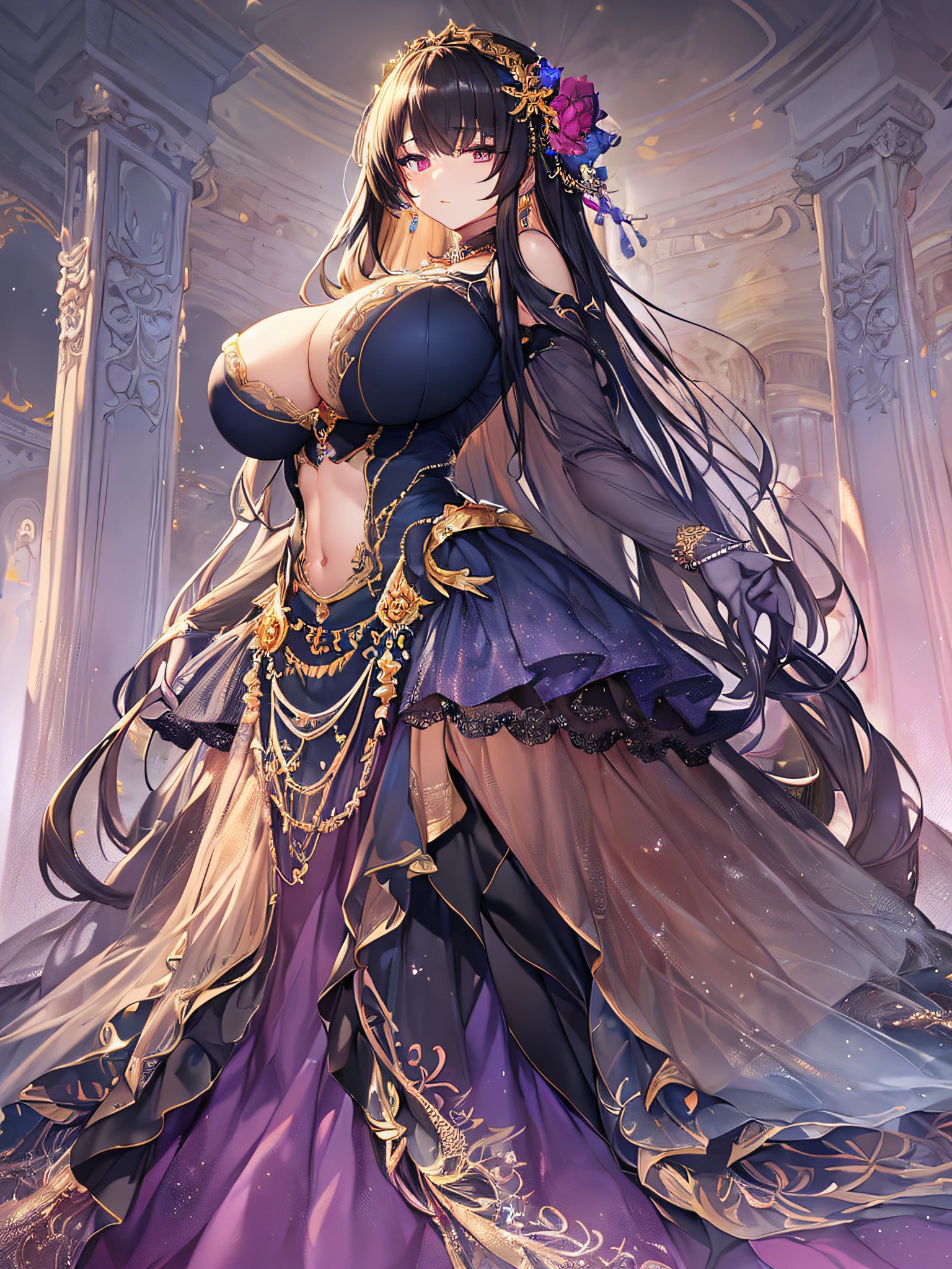 ((anime artstyle)),(Masterpiece),(Best Quality), (Super Detail),Illustration,((Very Delicate and Beautiful)),Focus on character,Dynamic Angle,Looking at viewer,((Solo)),standing,(((full body))),((one noble princess in gorgeous ball gown with voluminous skirt)),detailed face and eyes,jewel-like eyes,((Very Long voluminous Hair)),gorgeous embroidery and lace,See-through,ornate ruffles,Gorgeous jewelry ornaments,(gigantic breasts,Long breasts),((gorgeous ball gown with voluminous skirt)),full body